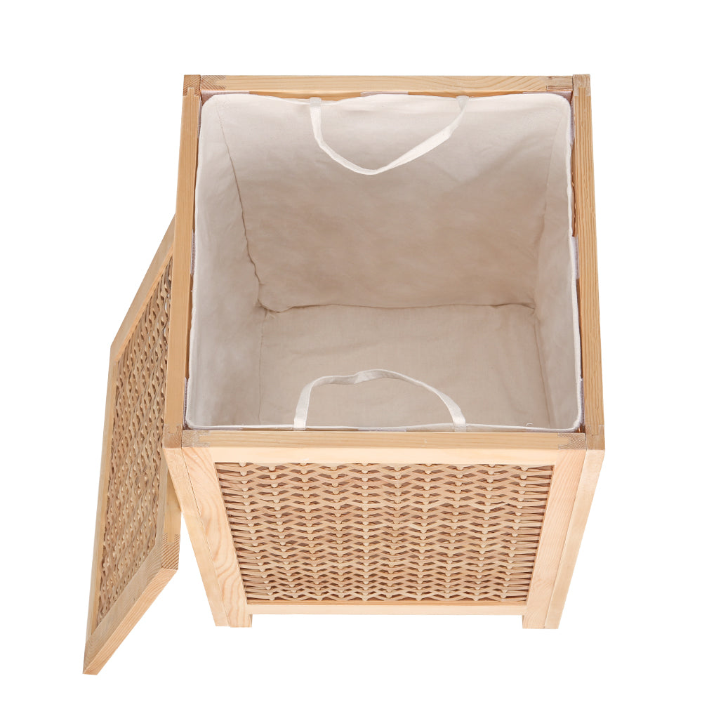 Woven Laundry Hamper Wooden Bathroom Storage Clothes Bag - Pine - Homecoze