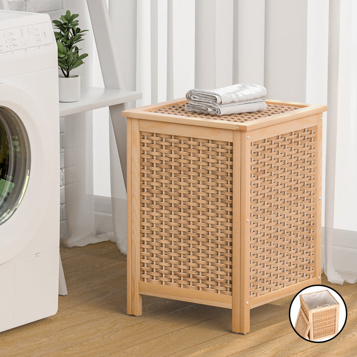 Woven Laundry Hamper Wooden Bathroom Storage Clothes Bag - Pine - Homecoze