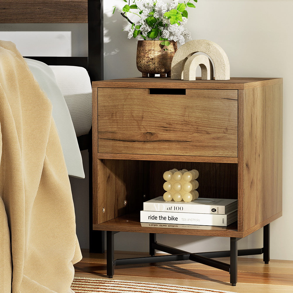 Industrial Style Bedside Table Nightstand - Rustic Oak - Homecoze