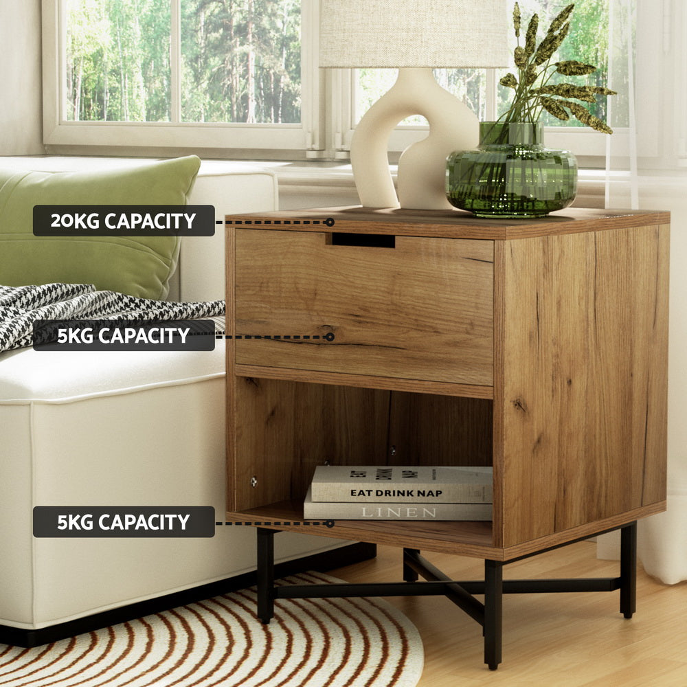 Industrial Style Bedside Table Nightstand - Rustic Oak - Homecoze