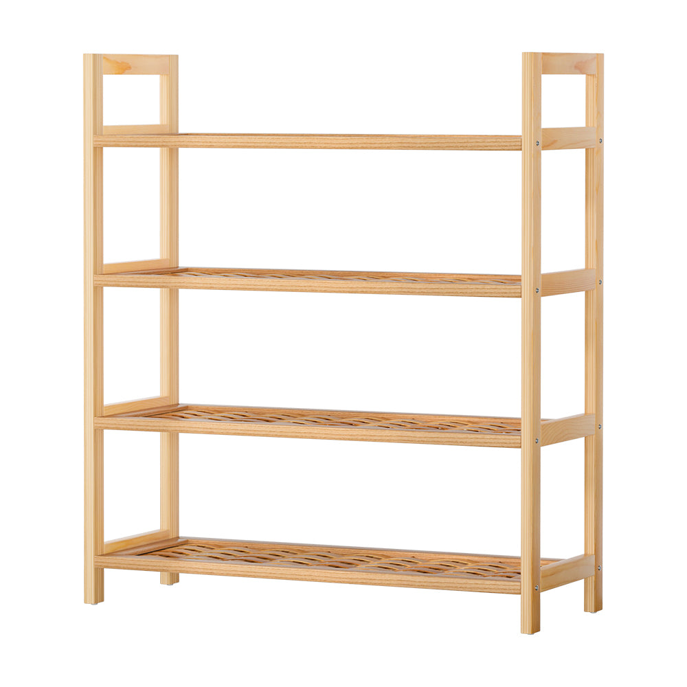 4-tier Shoe Storage Rack Weaved Shelves with Solid Wood Frame - Pine - Homecoze