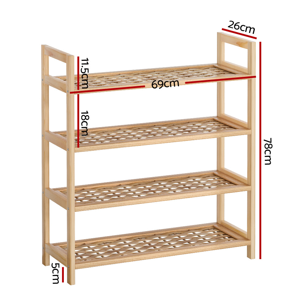 4-tier Shoe Storage Rack Weaved Shelves with Solid Wood Frame - Pine - Homecoze