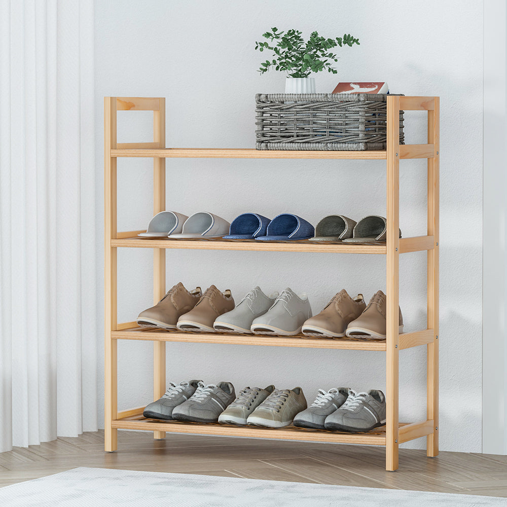 4-tier Shoe Storage Rack Weaved Shelves with Solid Wood Frame - Pine - Homecoze