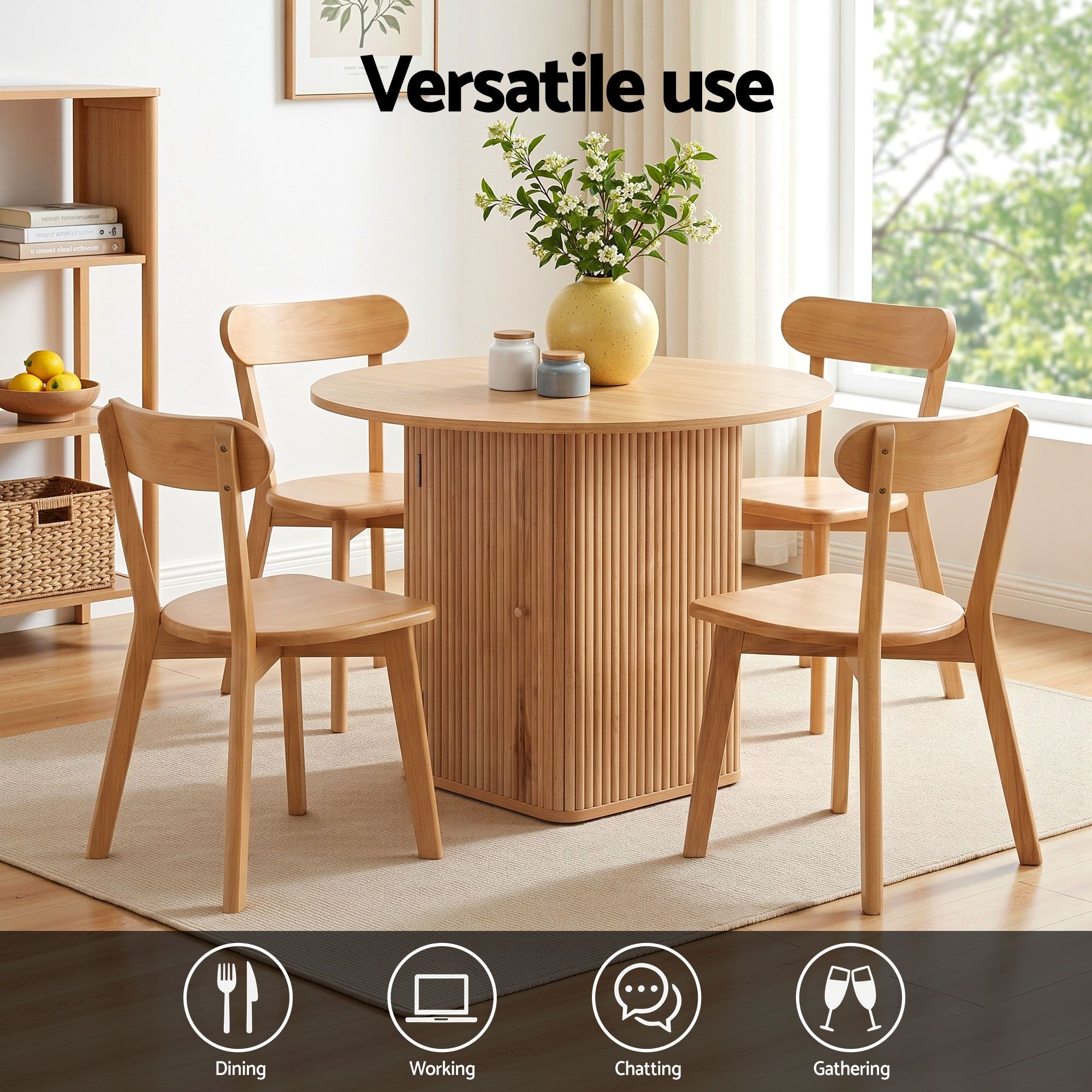 5PC Fluted Dining Table & Wooden Chair Set - Pine