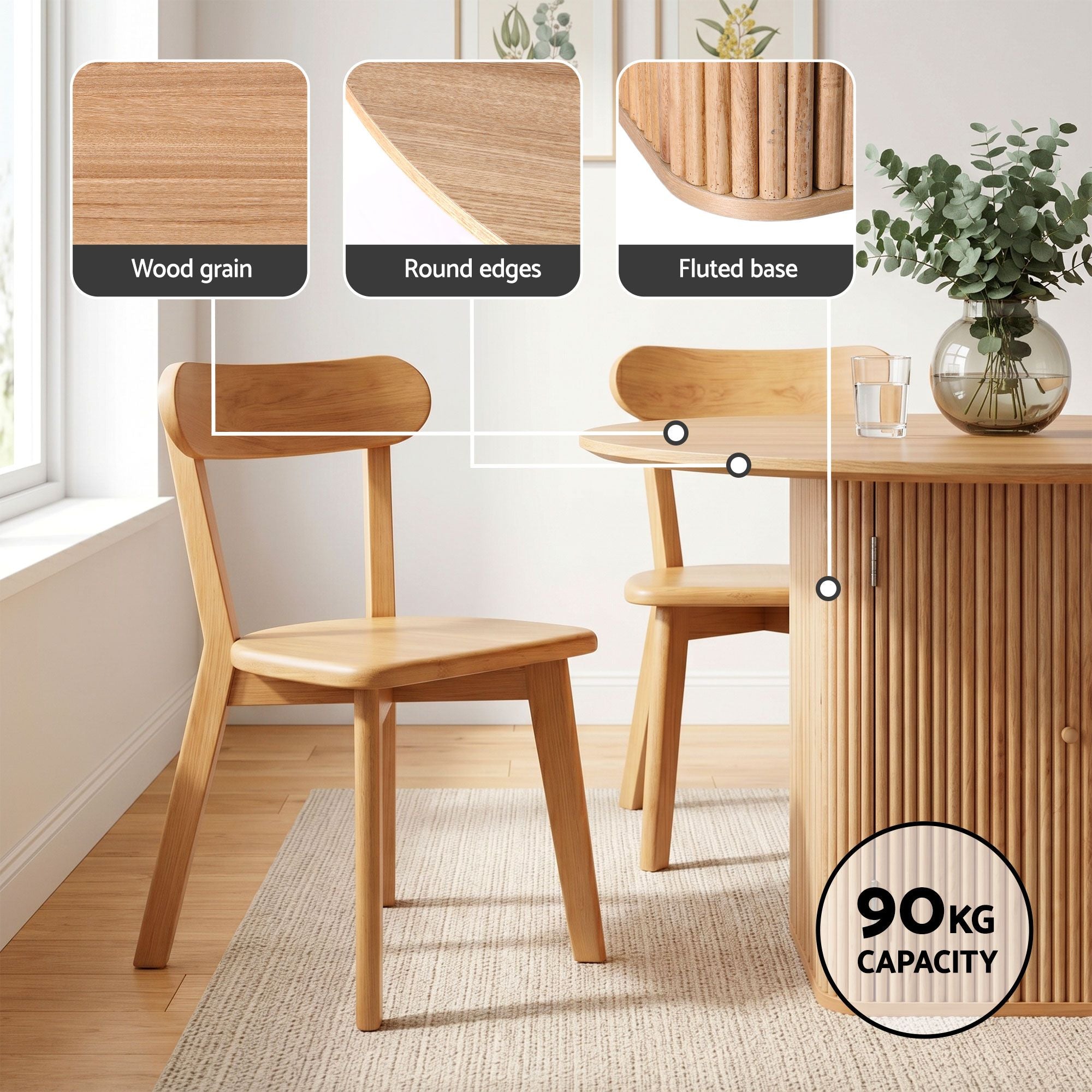 5PC Fluted Dining Table & Wooden Chair Set - Pine