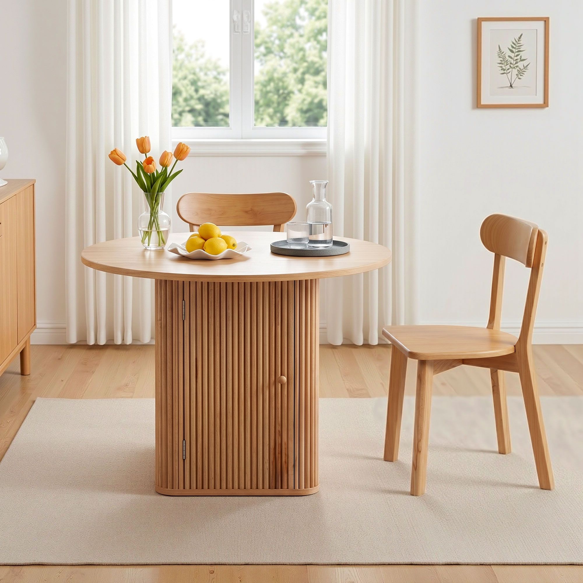 5PC Fluted Dining Table & Wooden Chair Set - Pine