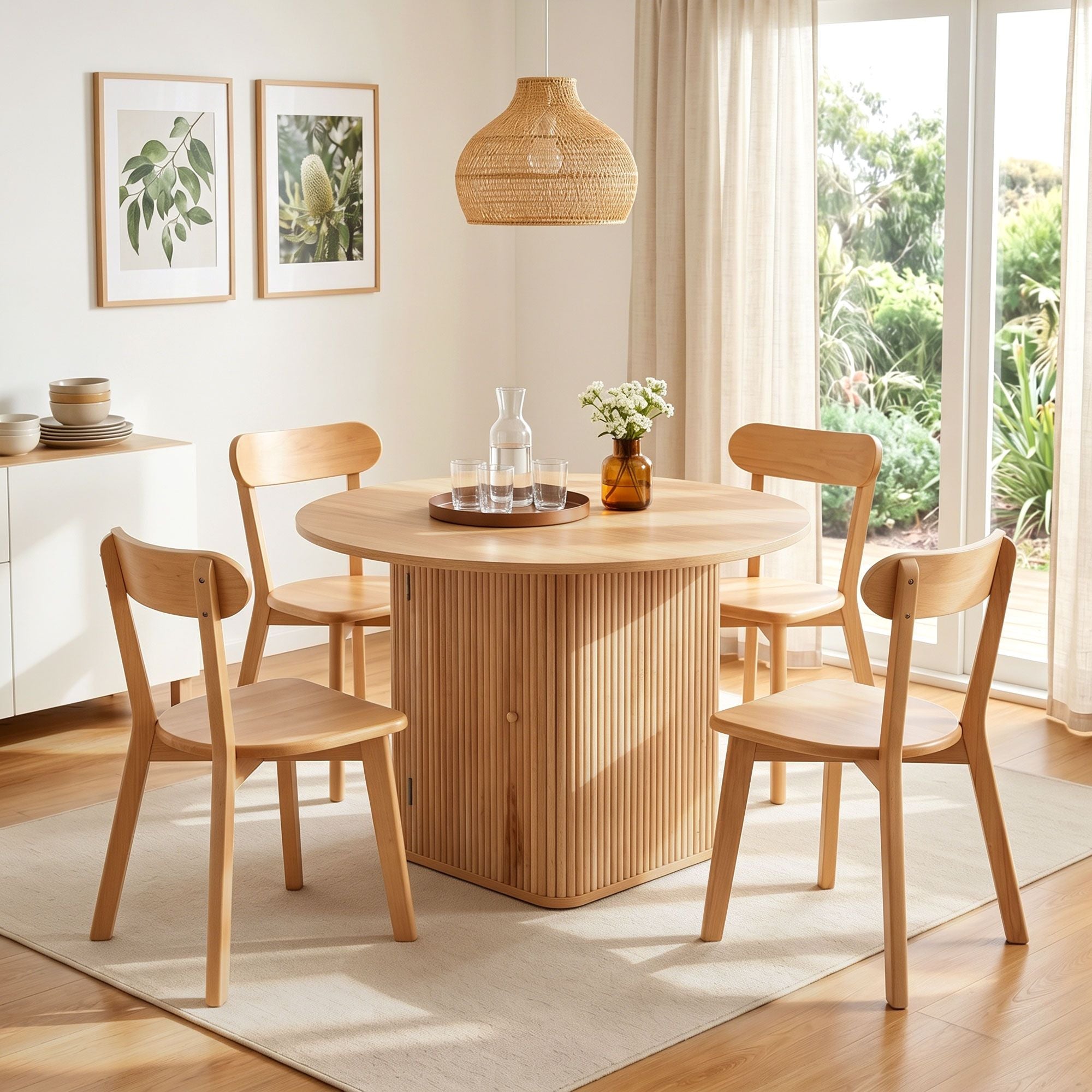 5PC Fluted Dining Table & Wooden Chair Set - Pine