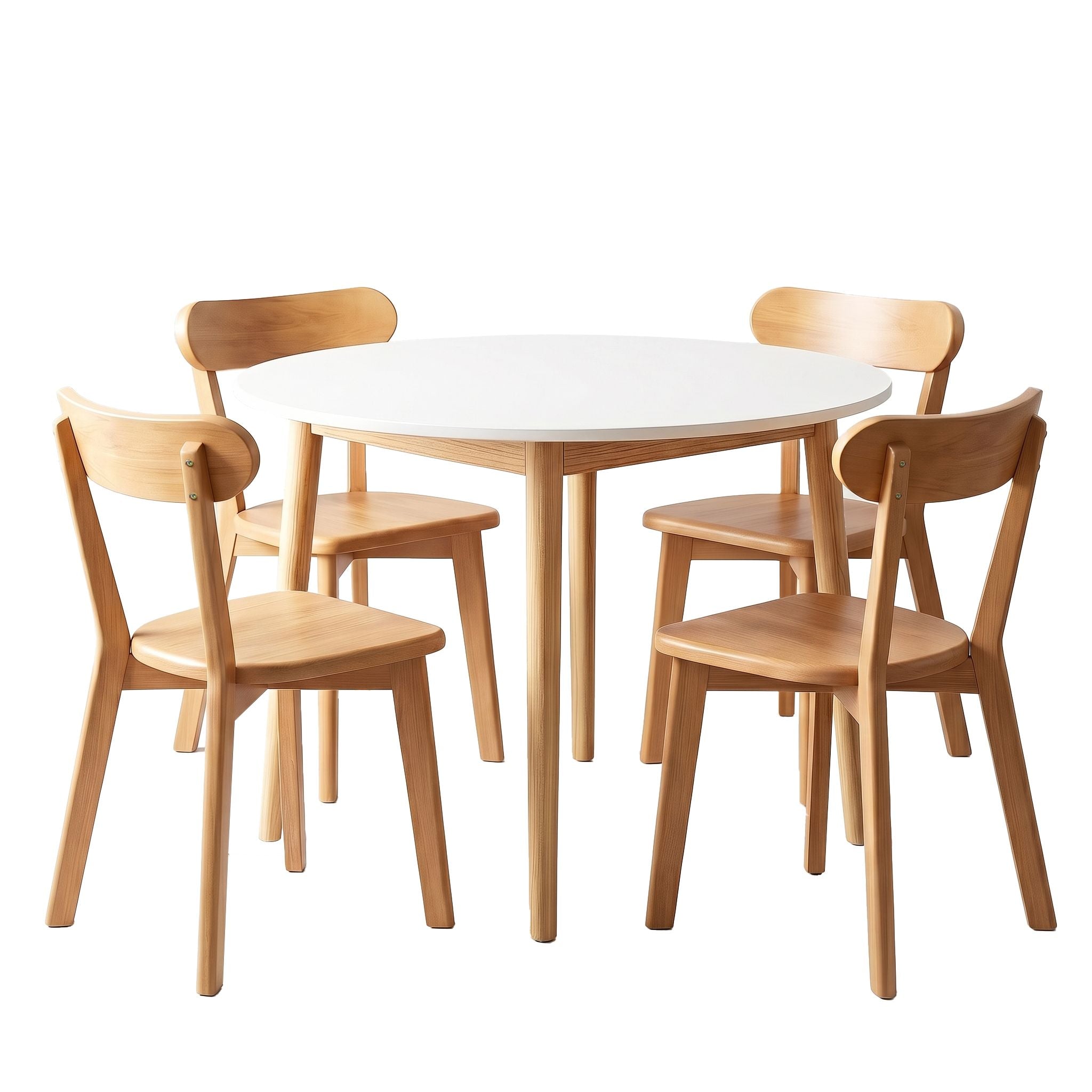 5PC Round Dining Table & Wooden Chair Set - White & Pine
