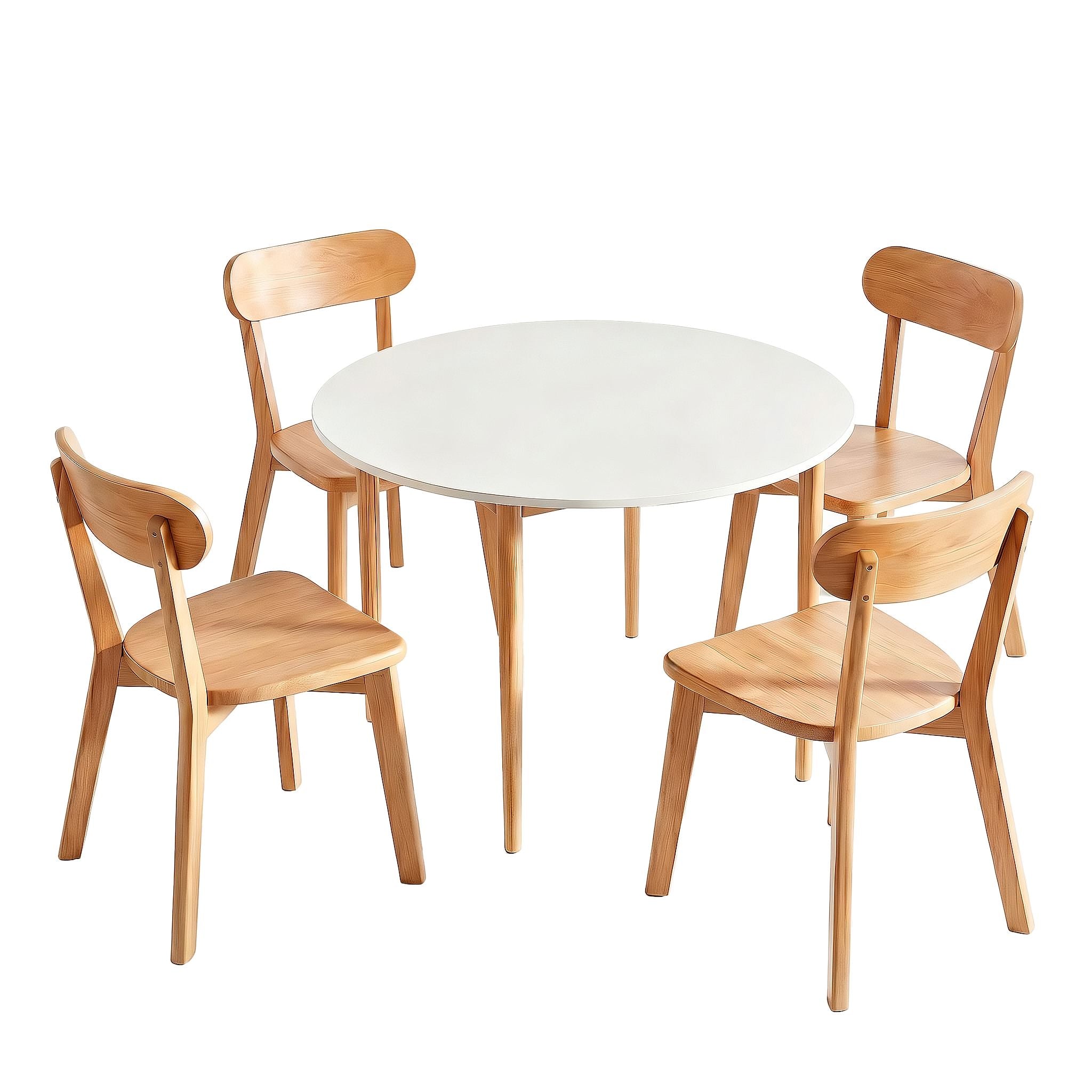 5PC Round Dining Table & Wooden Chair Set - White & Pine