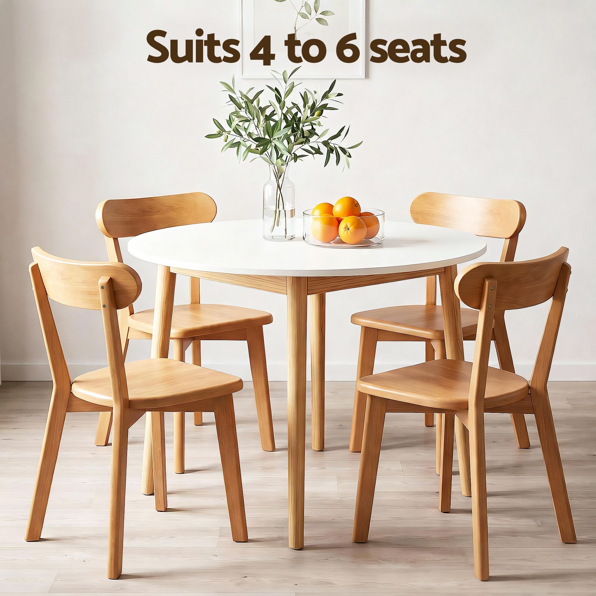 5PC Round Dining Table & Wooden Chair Set - White & Pine