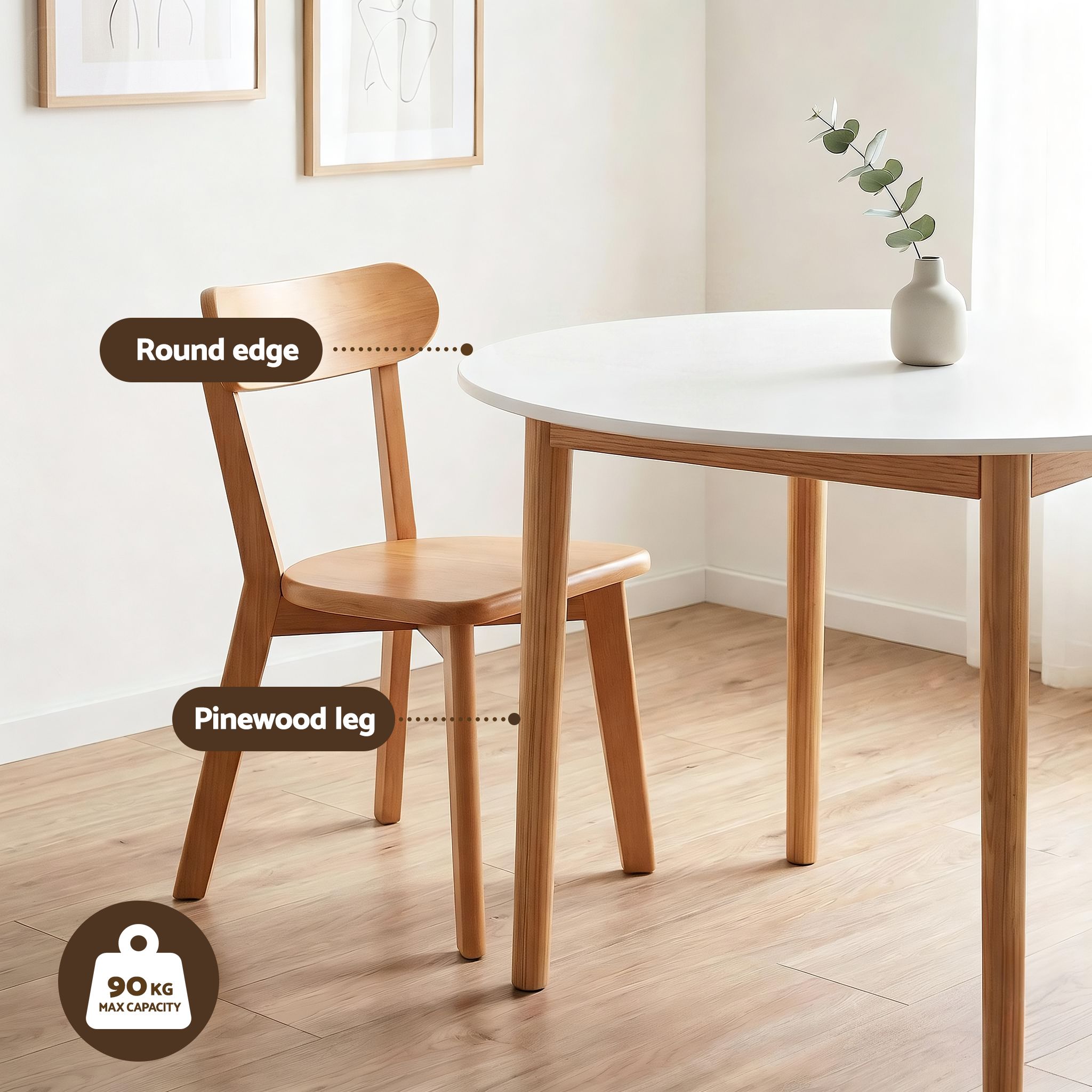 5PC Round Dining Table & Wooden Chair Set - White & Pine