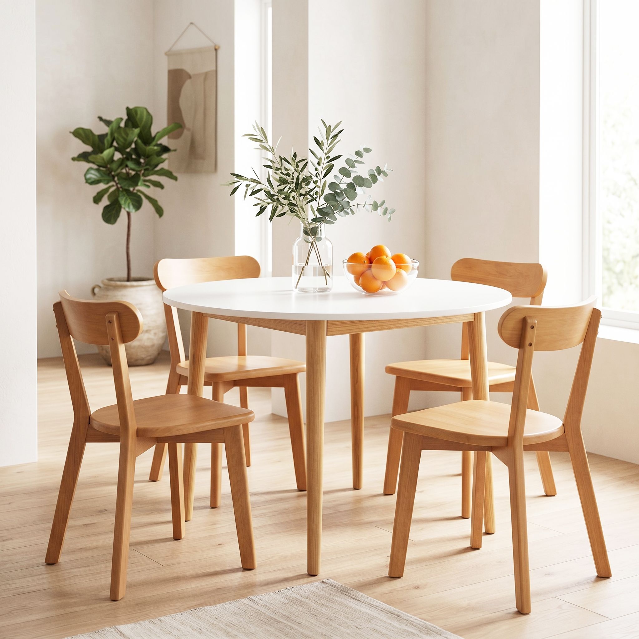 5PC Round Dining Table & Wooden Chair Set - White & Pine