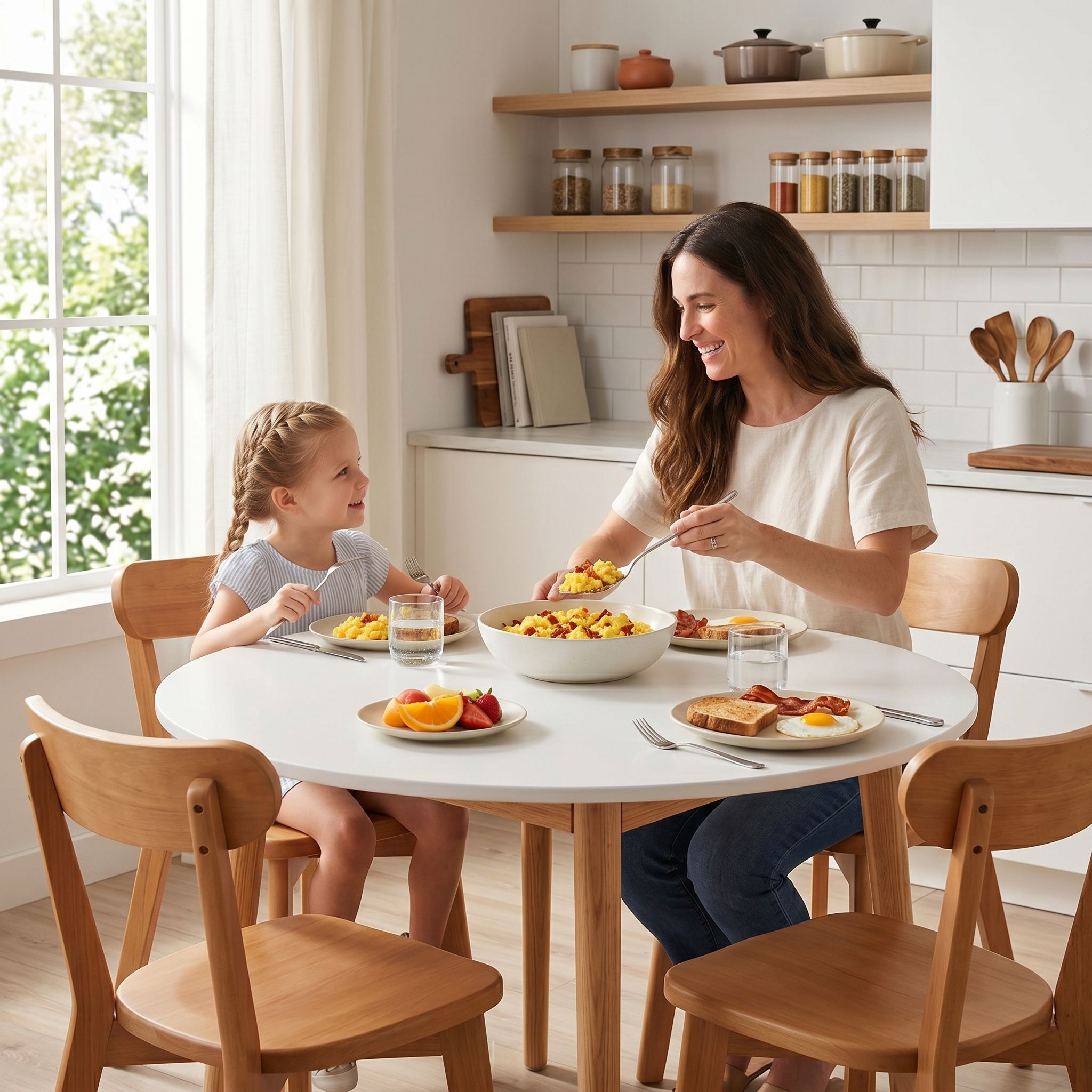 5PC Round Dining Table & Wooden Chair Set - White & Pine