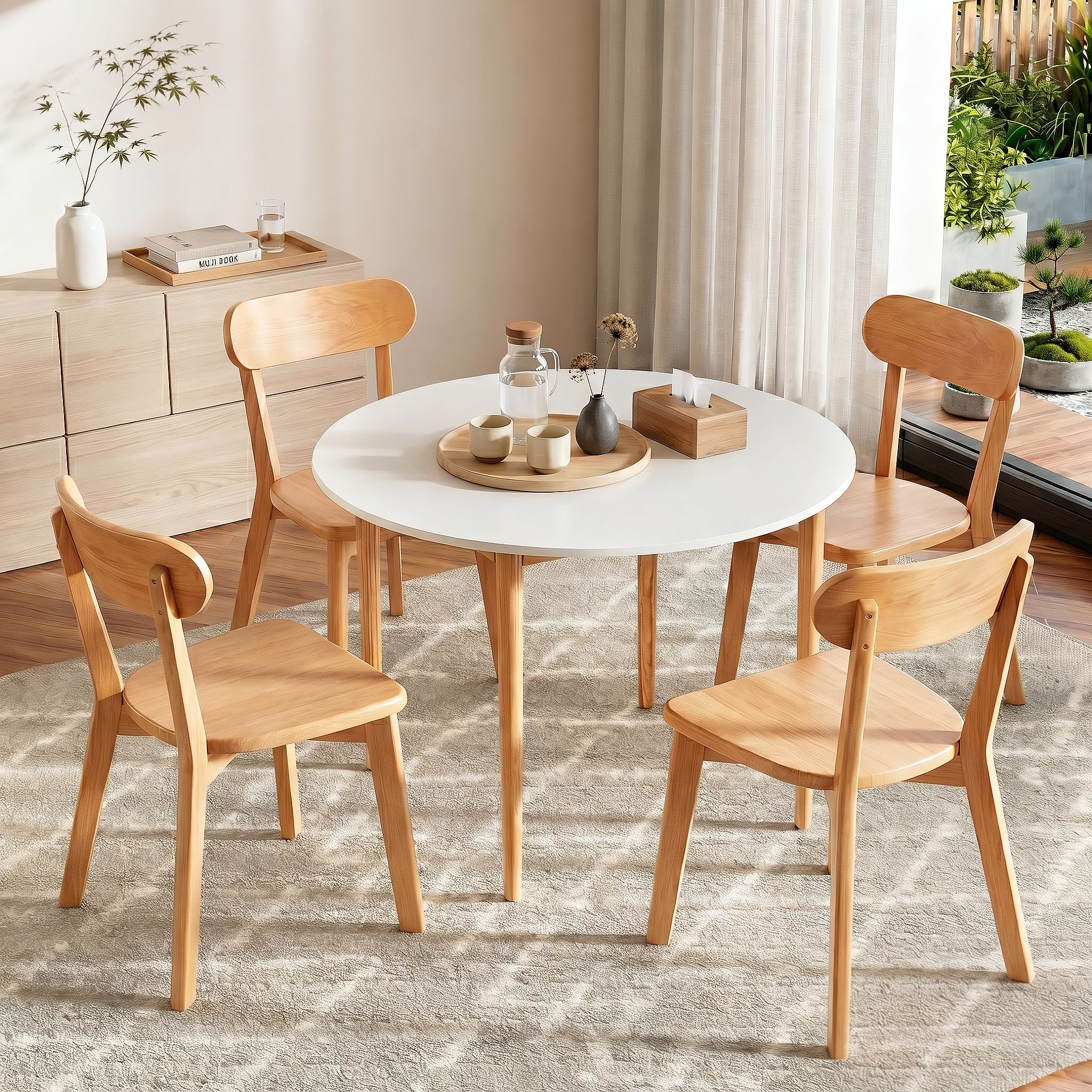 5PC Round Dining Table & Wooden Chair Set - White & Pine