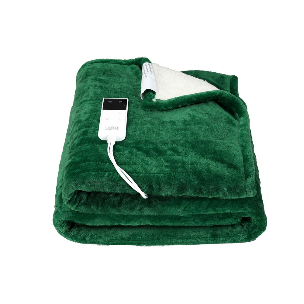 Heated Throw (160x130cm) Flannel/Sherpa Electric Blanket - Green - Homecoze