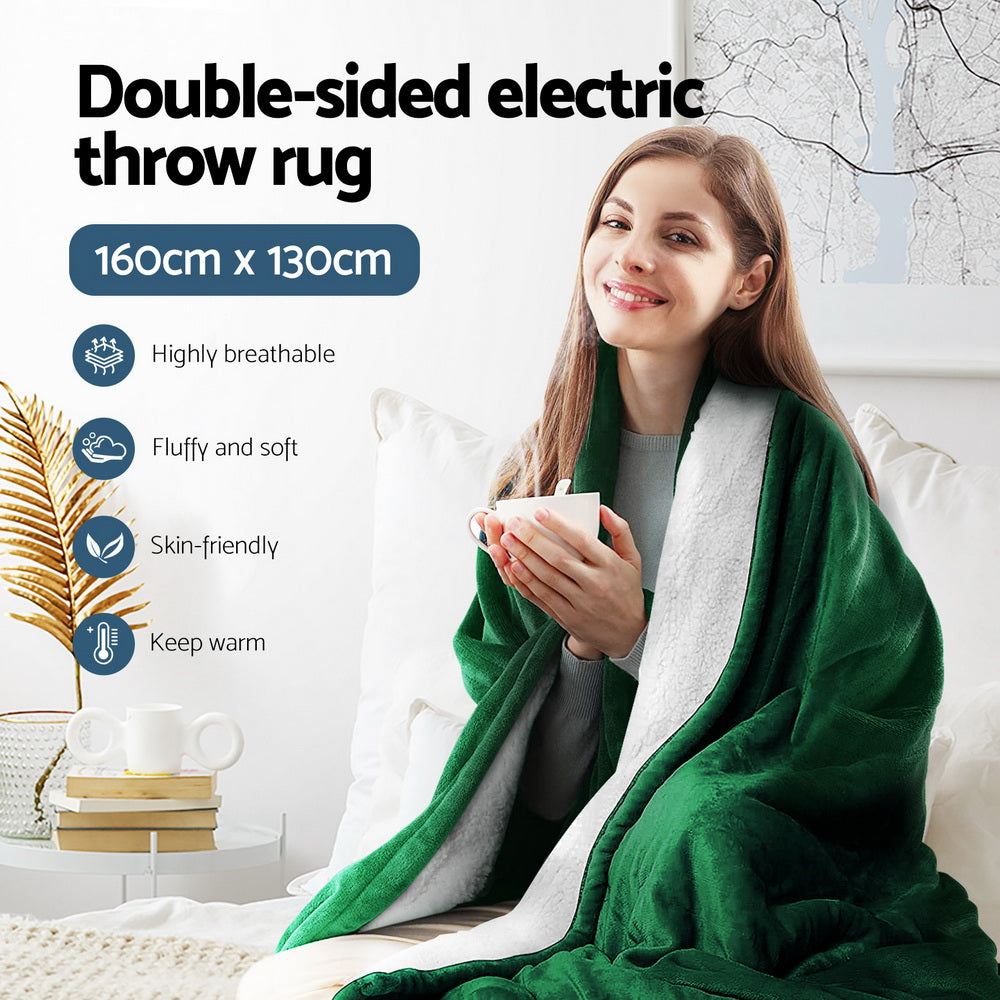 Heated Throw (160x130cm) Flannel/Sherpa Electric Blanket - Green - Homecoze