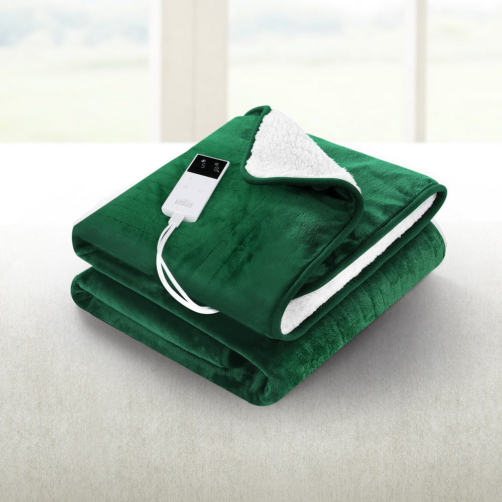 Heated Throw (160x130cm) Flannel/Sherpa Electric Blanket - Green - Homecoze