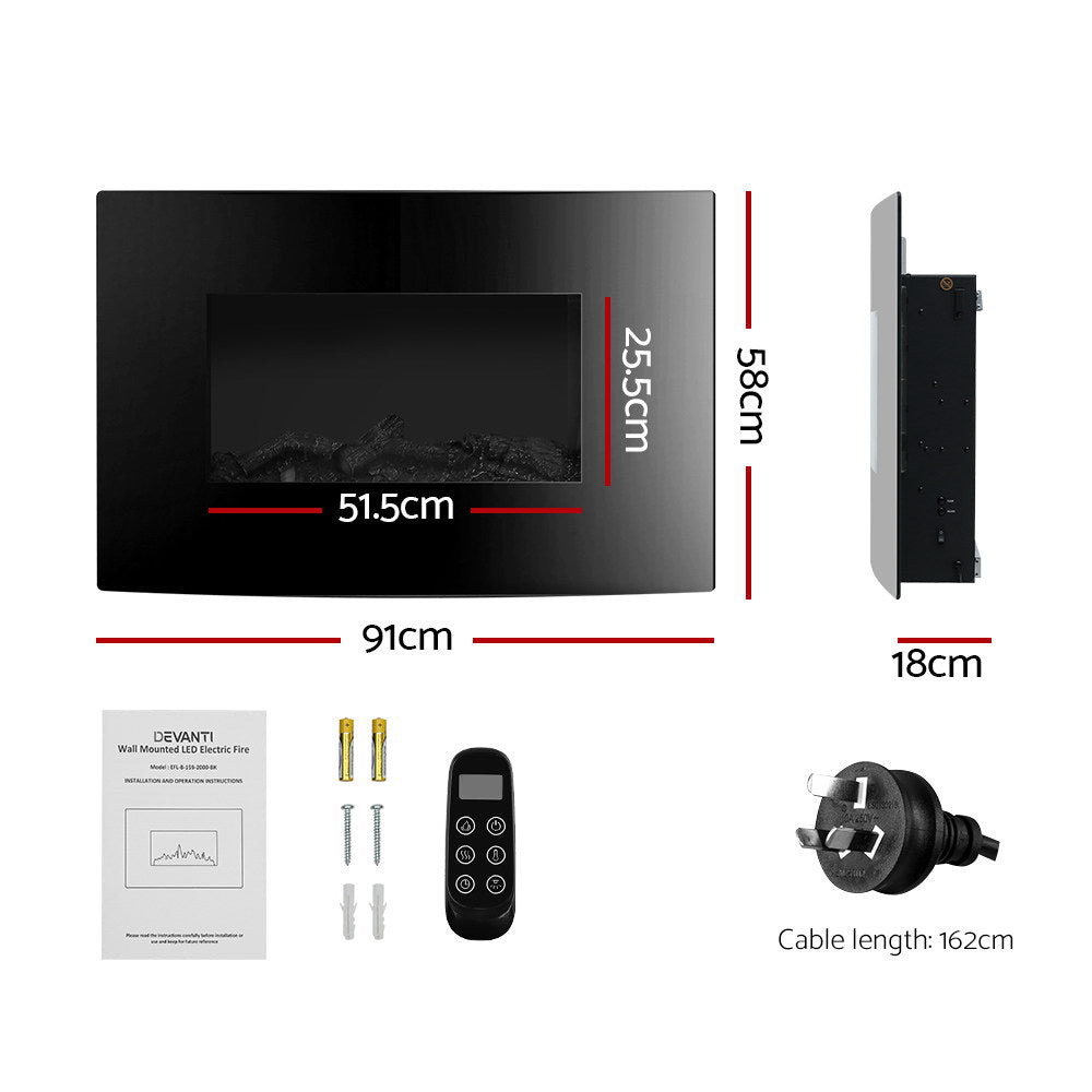 2000W Wall Mounted Electric Fireplace Heater with 3D Flame Effect - Black - Homecoze
