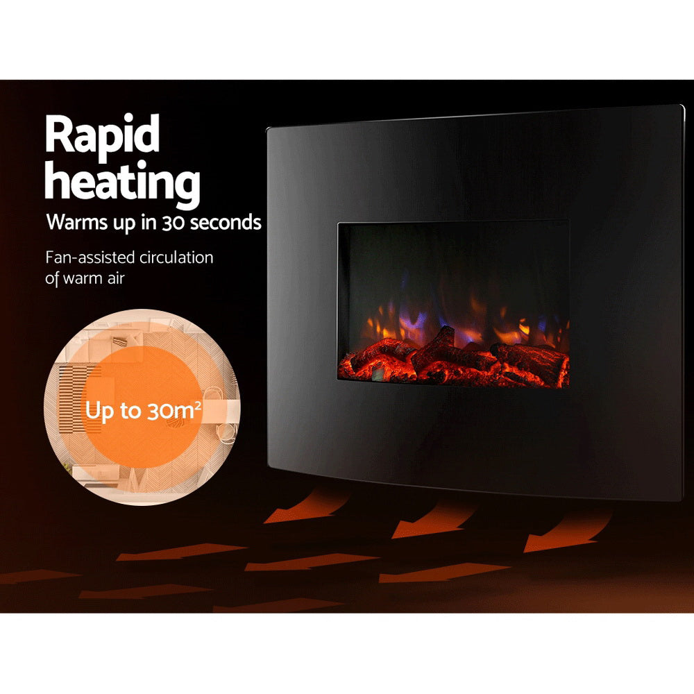 2000W Wall Mounted Electric Fireplace Heater with 3D Flame Effect - Black