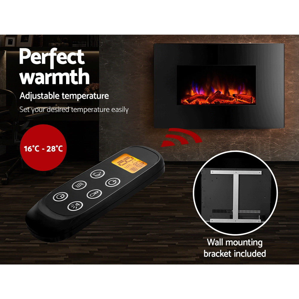 2000W Wall Mounted Electric Fireplace Heater with 3D Flame Effect - Black