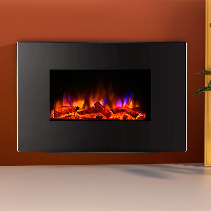 2000W Wall Mounted Electric Fireplace Heater with 3D Flame Effect - Black