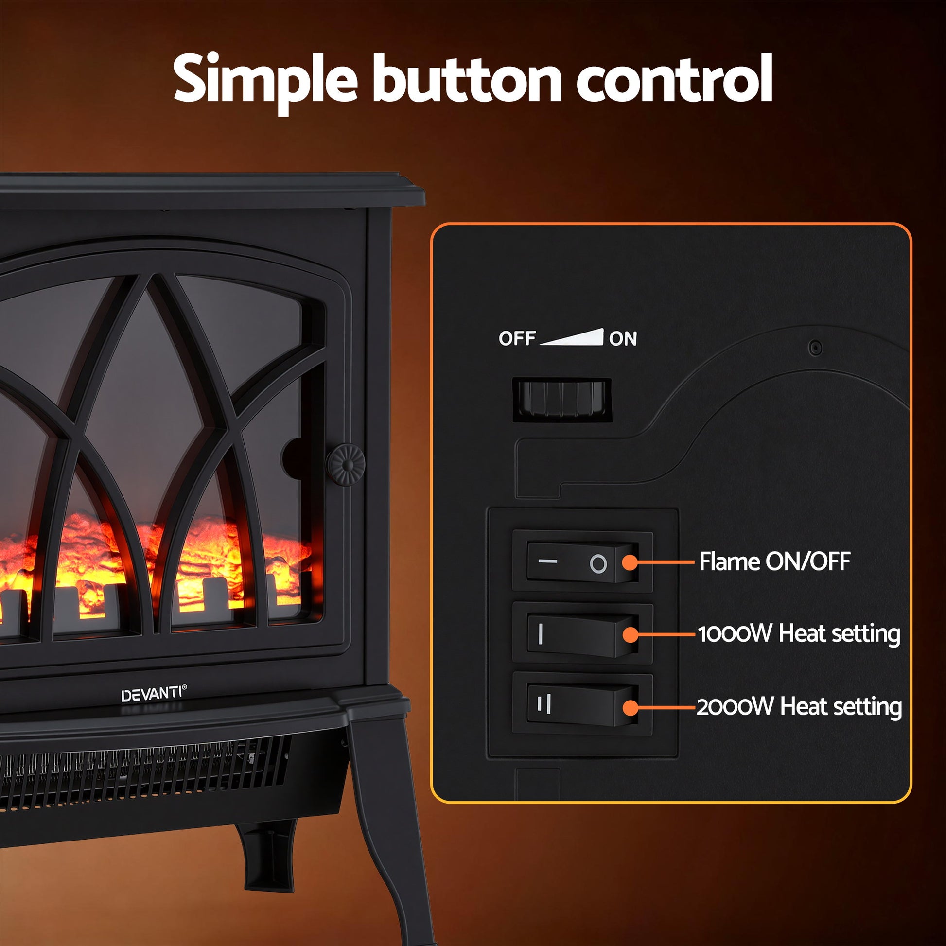 Devanti 2000W Electric Fireplace Heater Stove Freestanding 3D Flame Effect Indoor Space Heaters - Homecoze