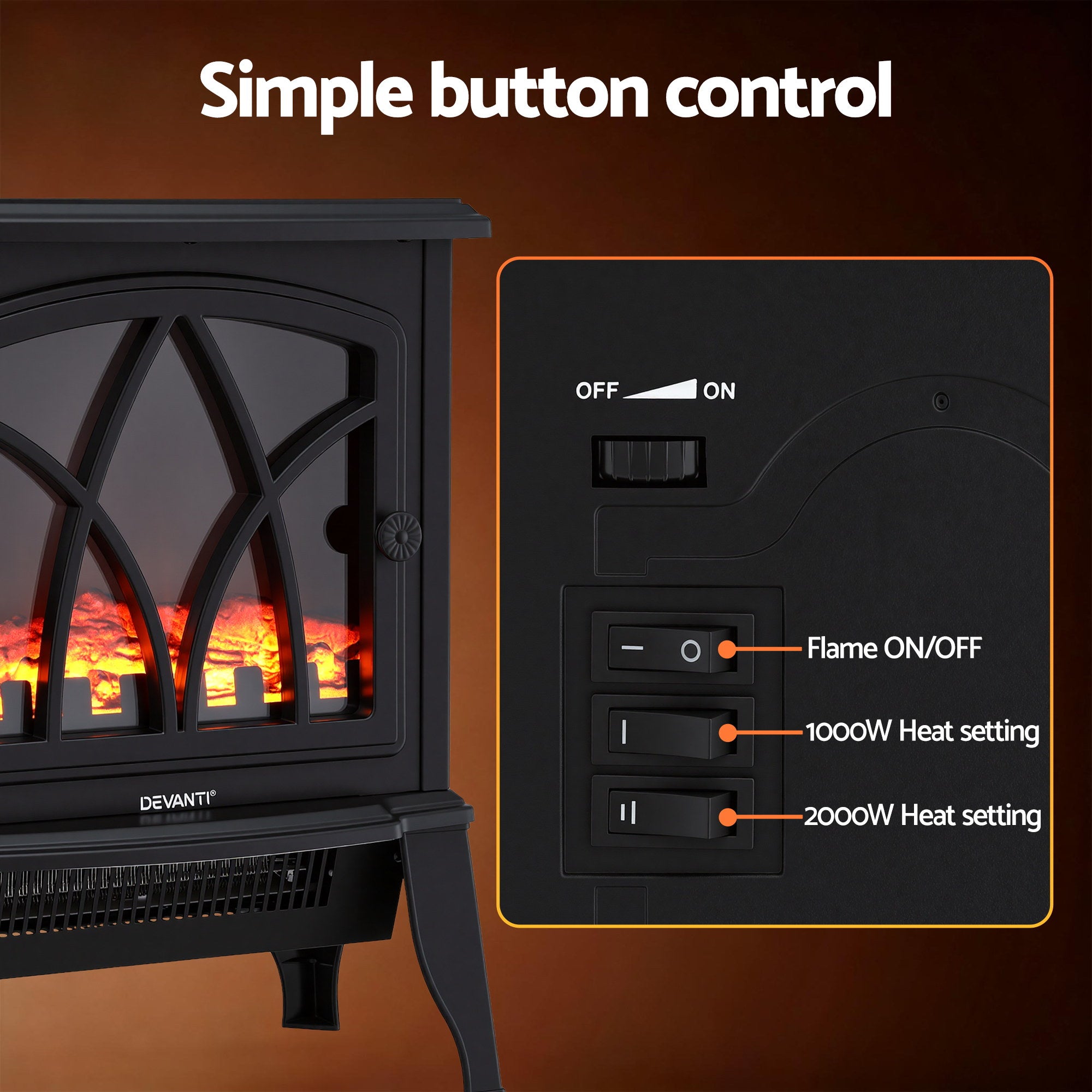 Devanti 2000W Electric Fireplace Heater Stove Freestanding 3D Flame Effect Indoor Space Heaters - Homecoze