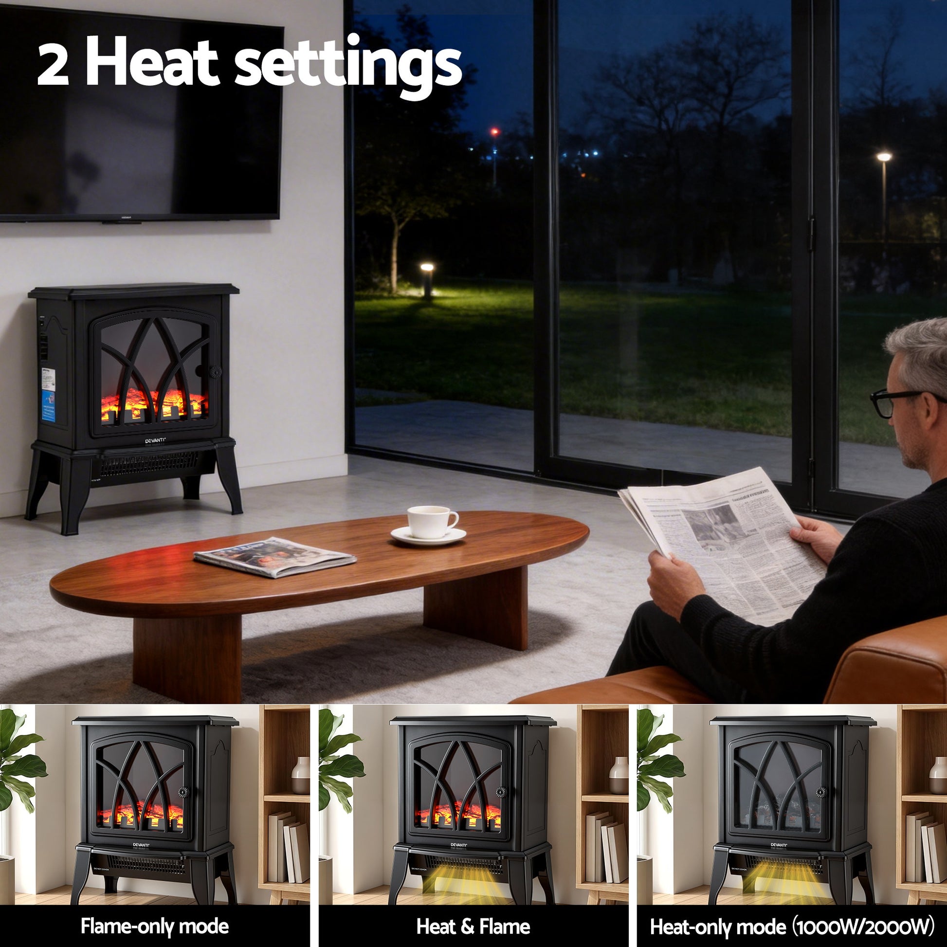 Devanti 2000W Electric Fireplace Heater Stove Freestanding 3D Flame Effect Indoor Space Heaters - Homecoze