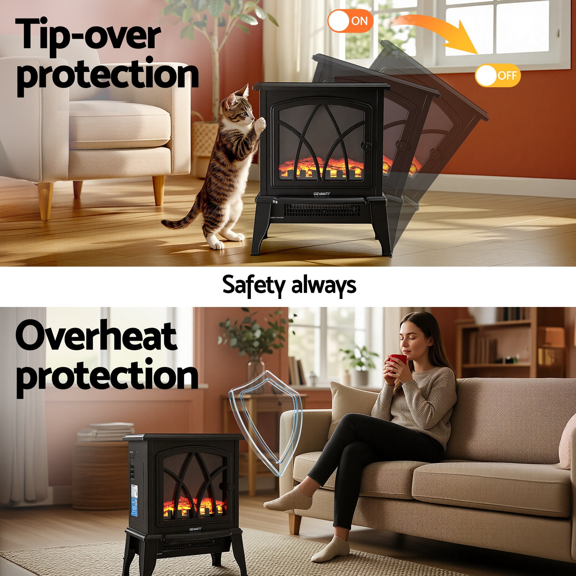 Devanti 2000W Electric Fireplace Heater Stove Freestanding 3D Flame Effect Indoor Space Heaters - Homecoze