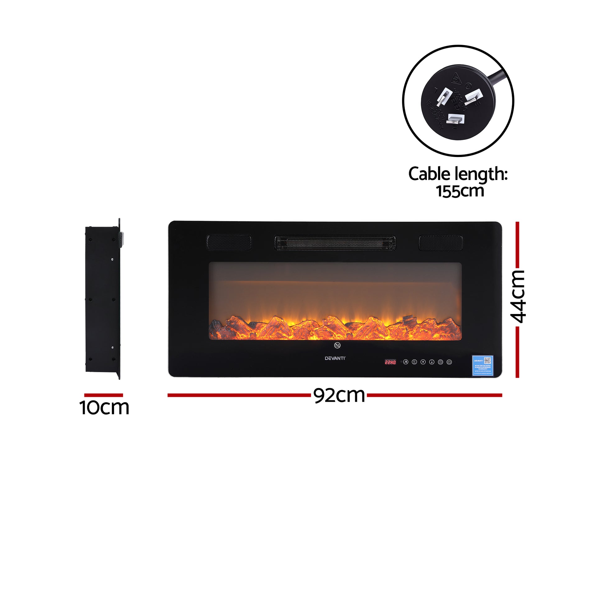 Devanti Electric Fireplace Fire Heater Wall Mounted Insert 3D Flame 1800W Remote Control - Homecoze
