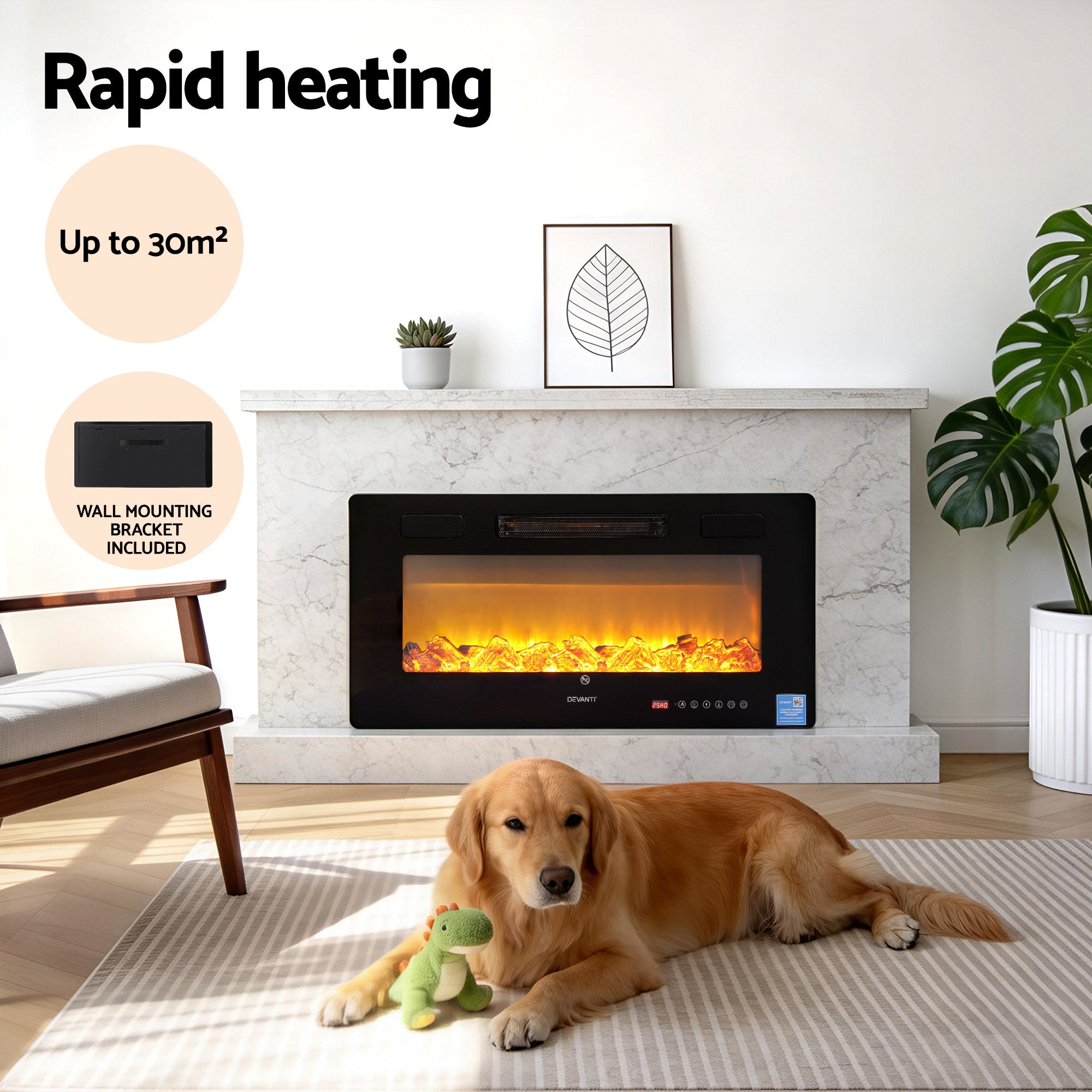 Devanti Electric Fireplace Fire Heater Wall Mounted Insert 3D Flame 1800W Remote Control - Homecoze