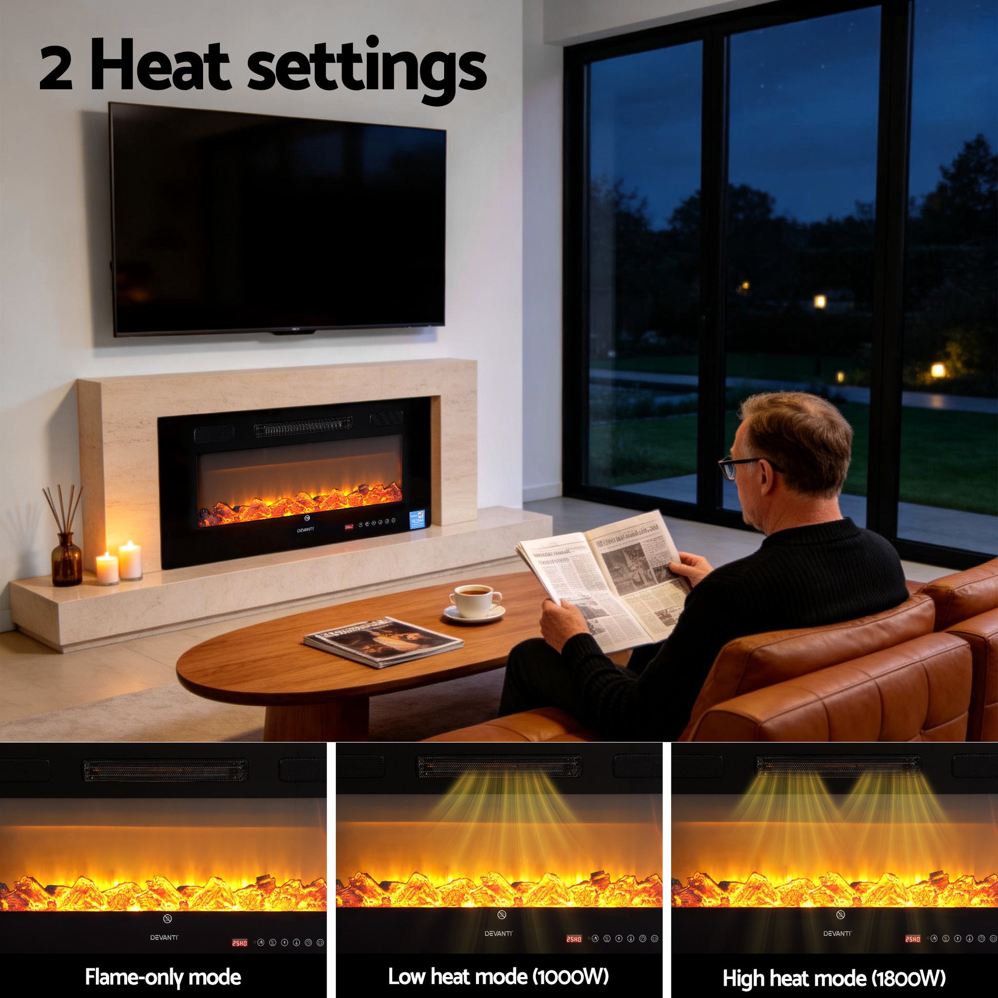 Devanti Electric Fireplace Fire Heater Wall Mounted Insert 3D Flame 1800W Remote Control - Homecoze