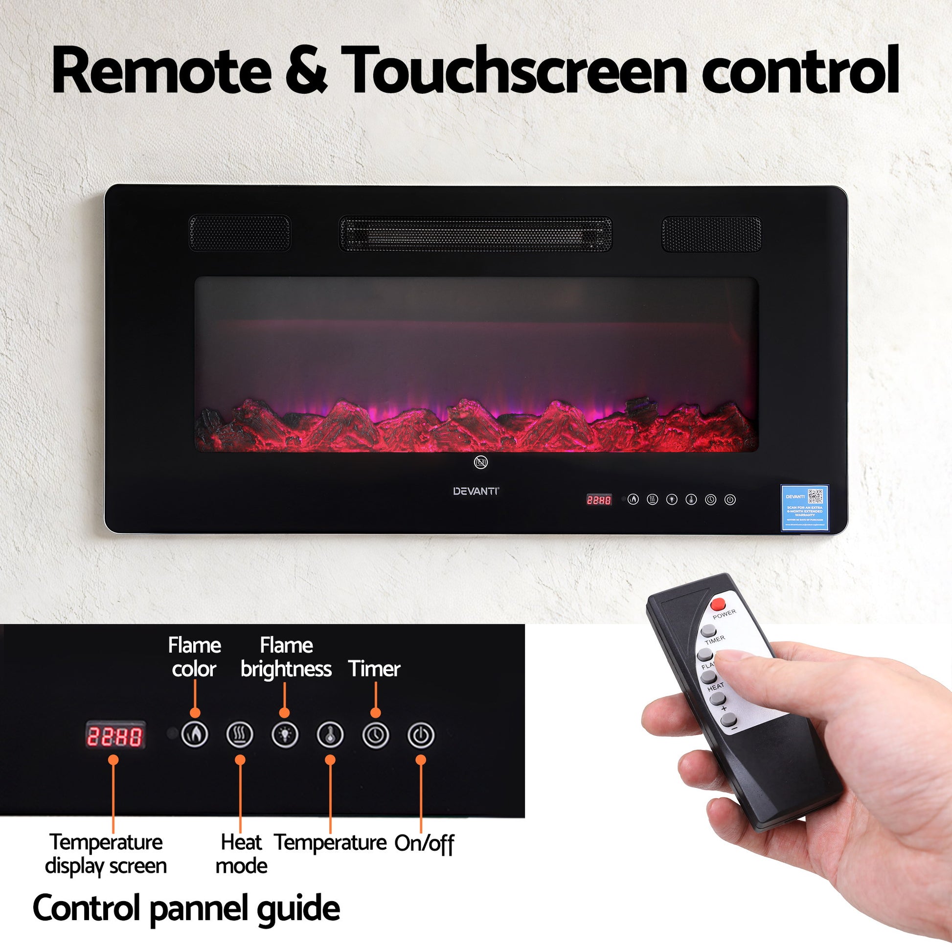 Devanti Electric Fireplace Fire Heater Wall Mounted Insert 3D Flame 1800W Remote Control - Homecoze