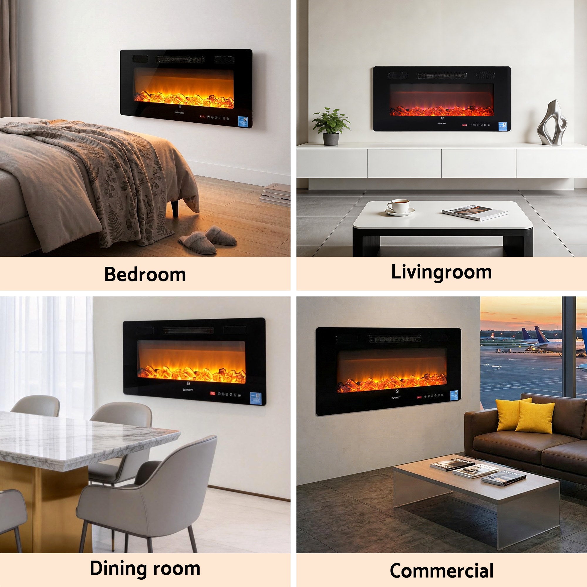 Devanti Electric Fireplace Fire Heater Wall Mounted Insert 3D Flame 1800W Remote Control - Homecoze