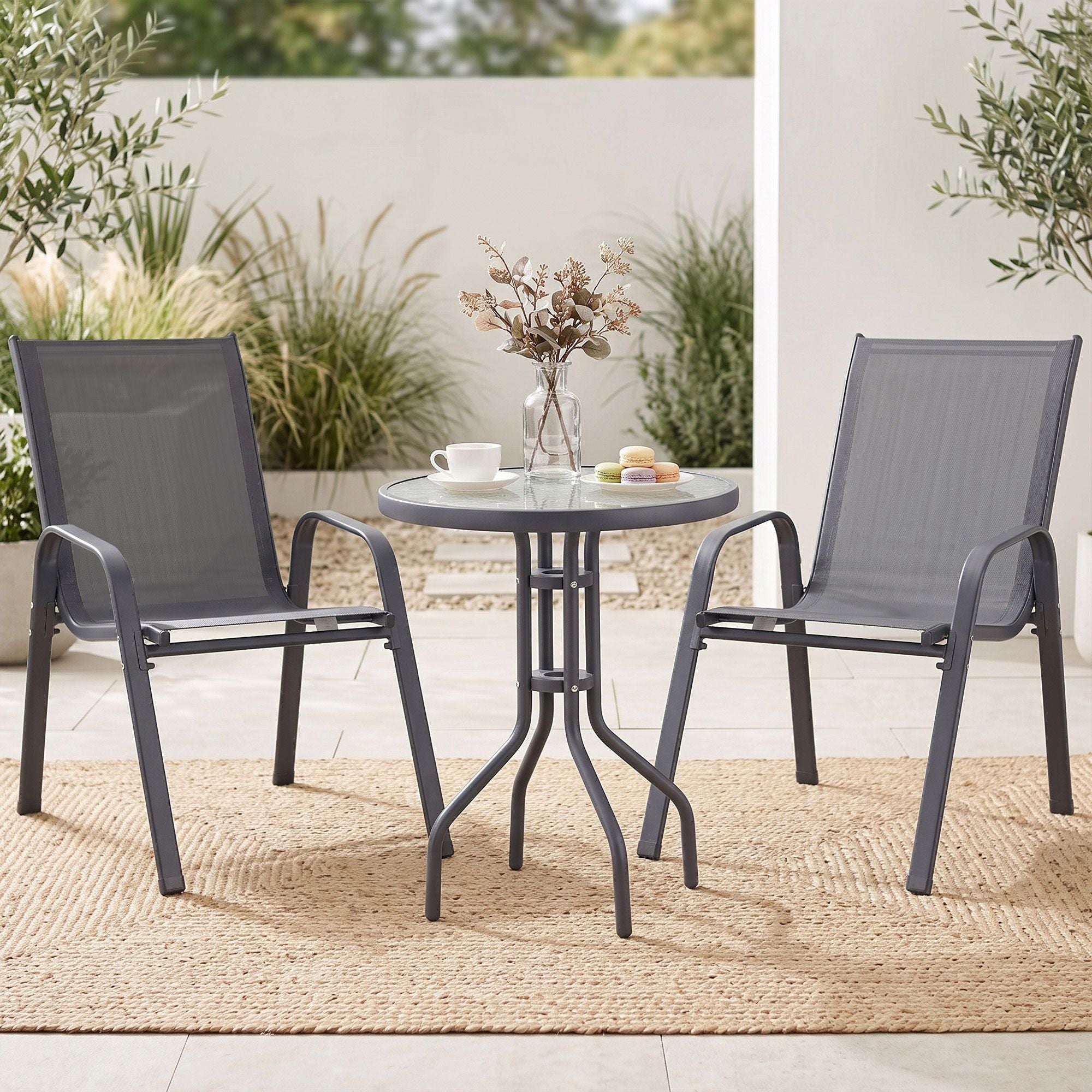 Carlton 2-Seater Stackable Outdoor Bistro Set – Grey