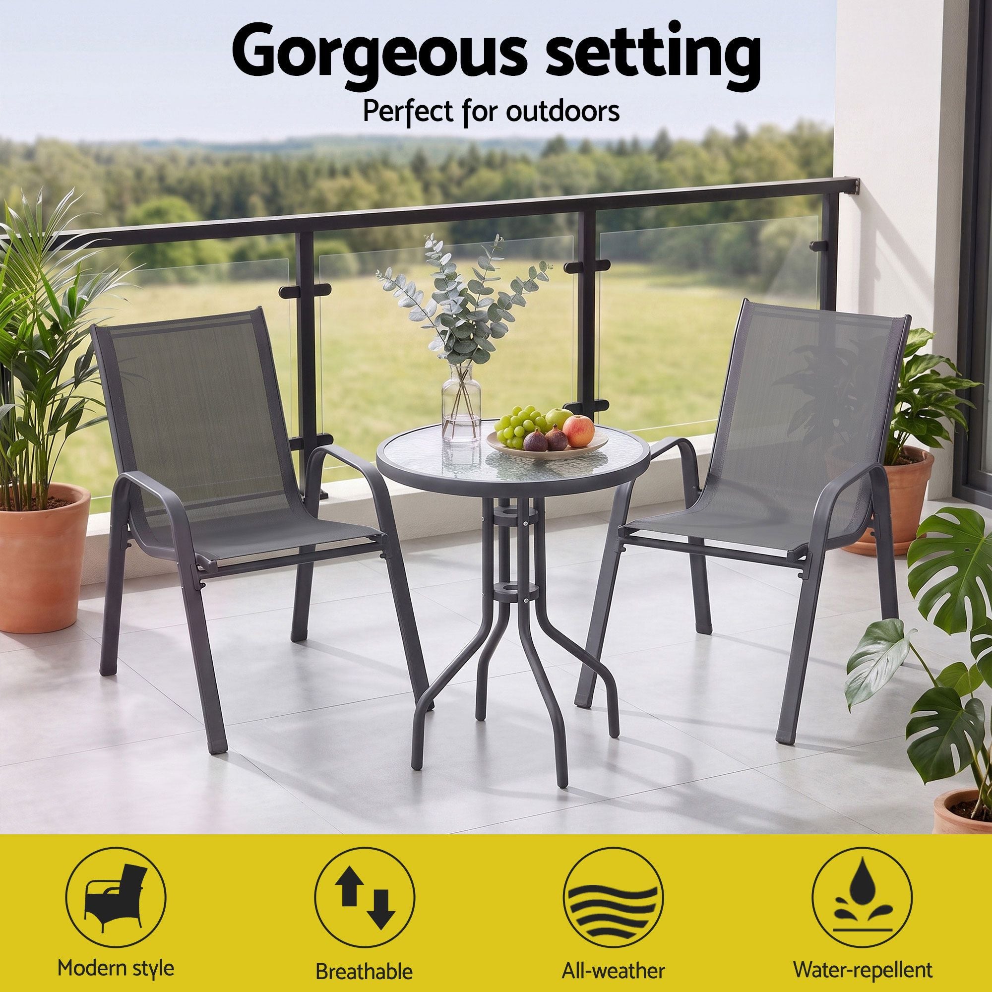 Carlton 2-Seater Stackable Outdoor Bistro Set – Grey