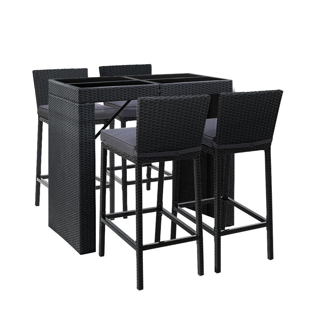 5 PC Outdoor Wicker Bar Table Dining Set - Black - Homecoze