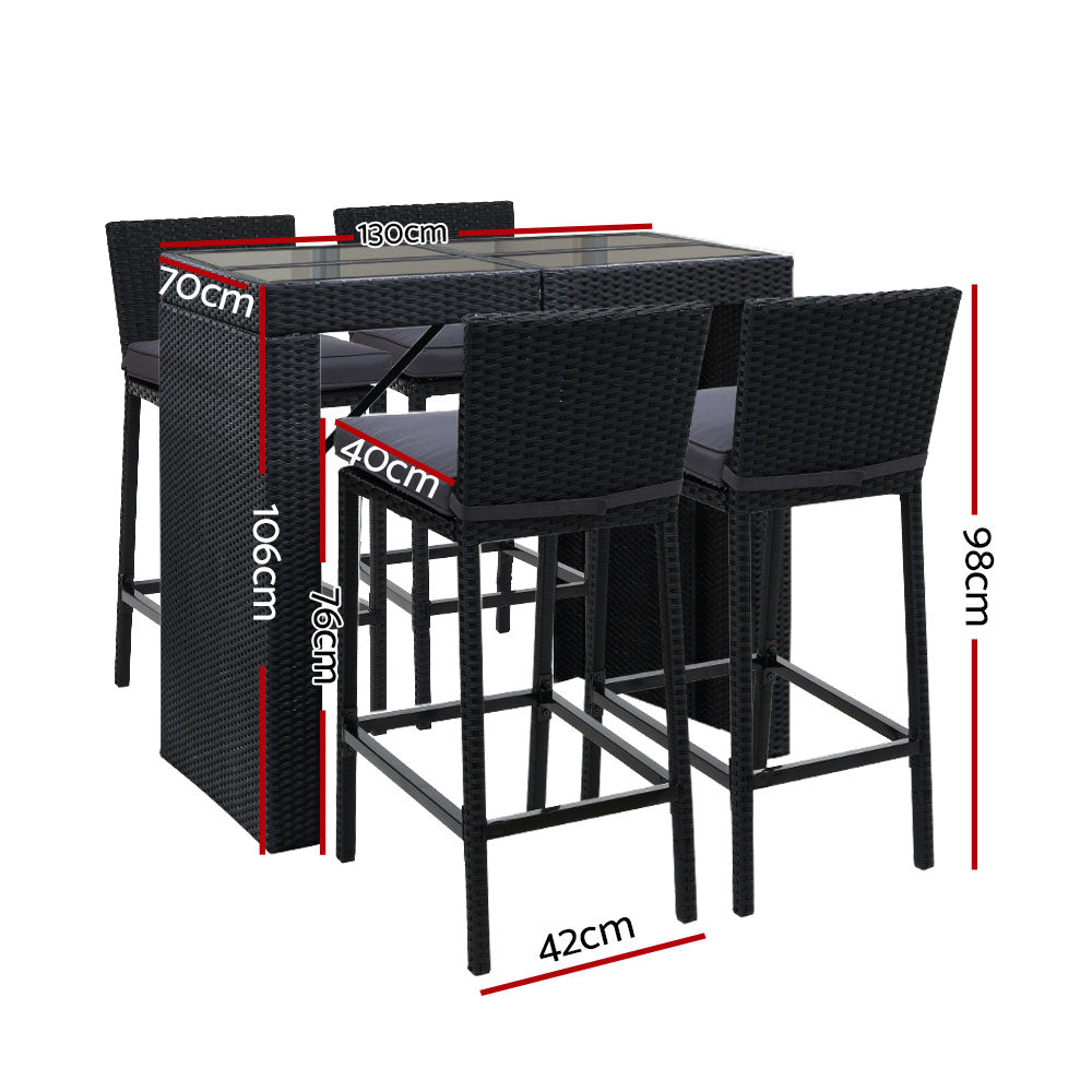 5 PC Outdoor Wicker Bar Table Dining Set - Black - Homecoze