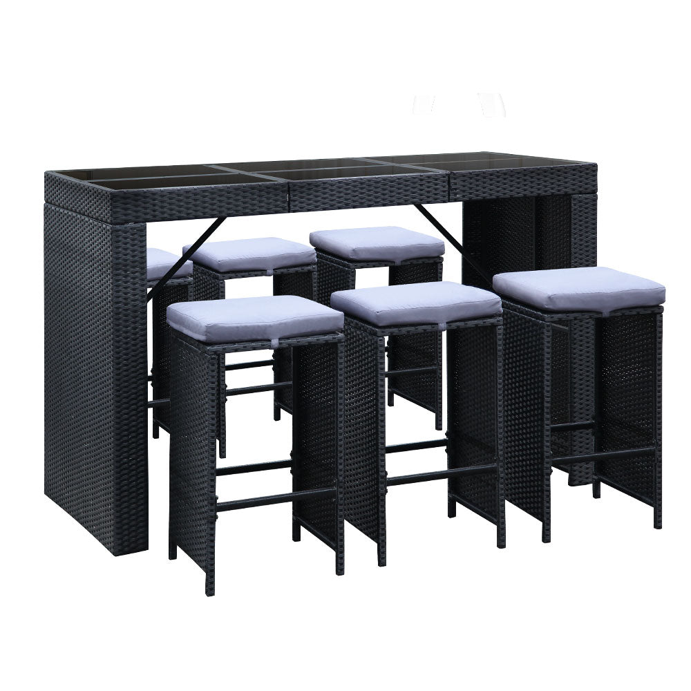 7 PC Outdoor Wicker Bar Table Dining Set - Black - Homecoze