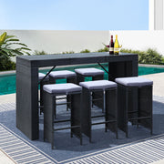 7 PC Outdoor Wicker Bar Table Dining Set - Black - Homecoze