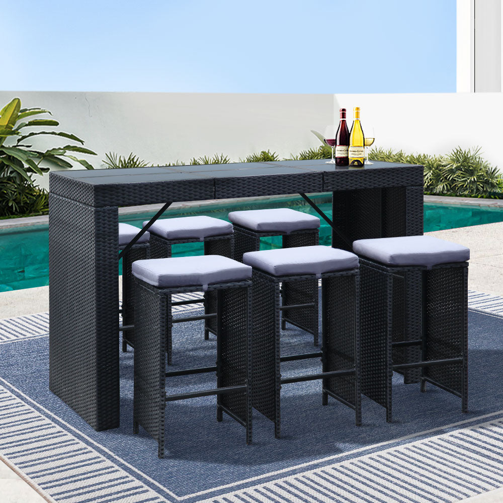 7 PC Outdoor Wicker Bar Table Dining Set - Black - Homecoze