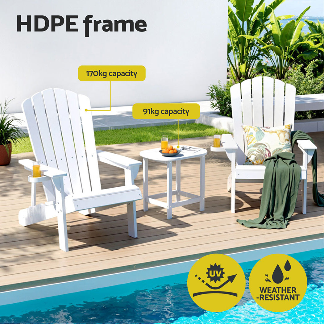 Gardeon Outdoor Table and Chairs HDPE Adirondack Beach Chair Sun Lounge Patio Furniture Garden White - Homecoze