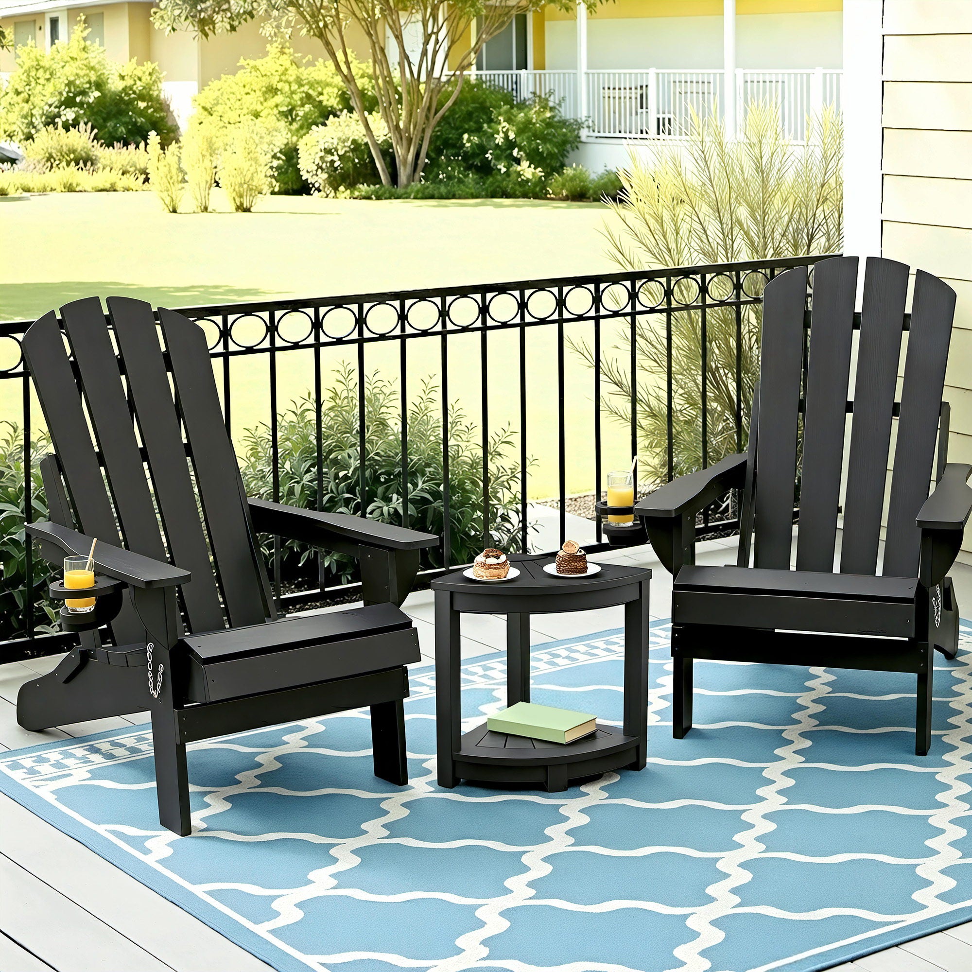 3PC Folding Adirondack Outdoor Chair & Side Table Set – Black