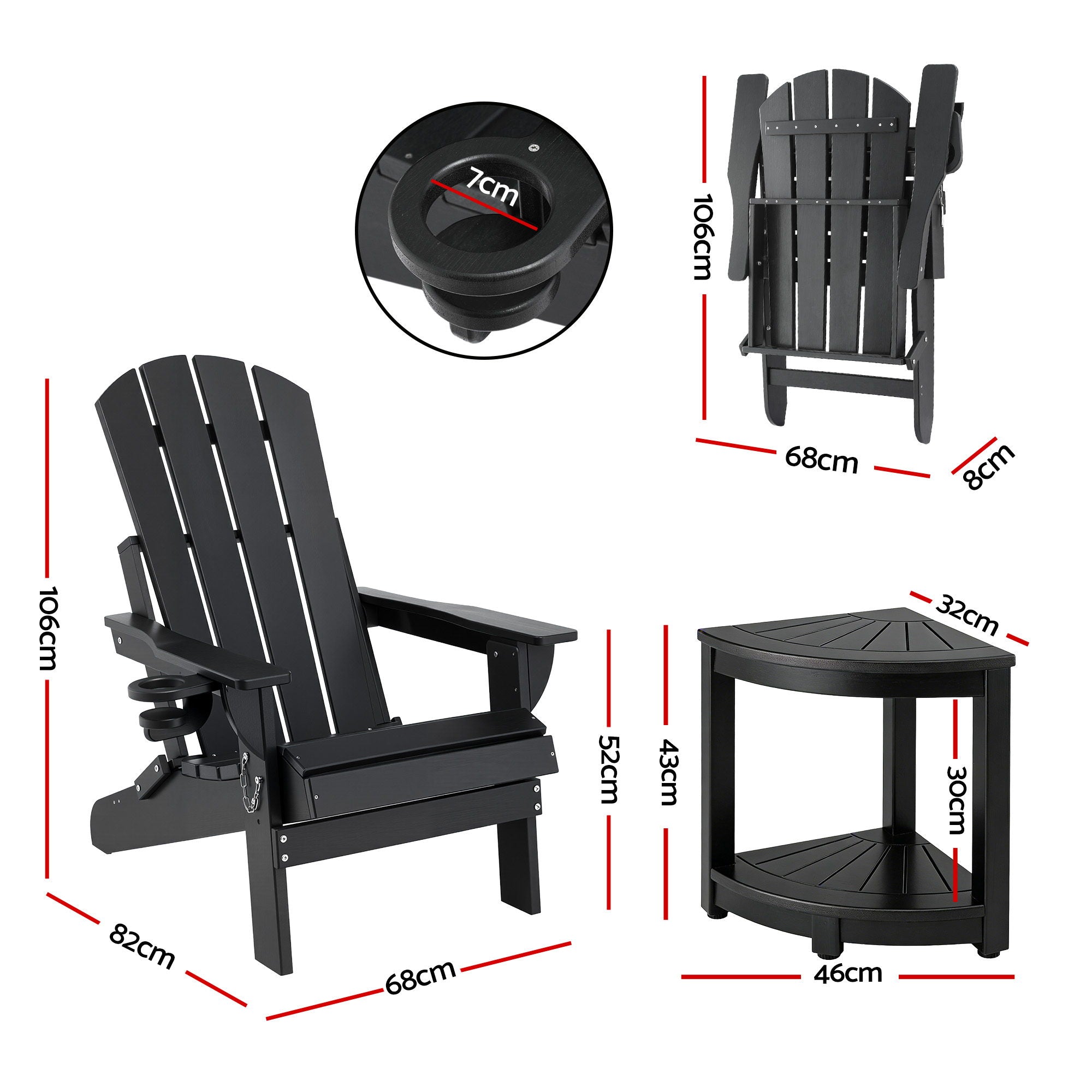 3PC Folding Adirondack Outdoor Chair & Side Table Set – Black