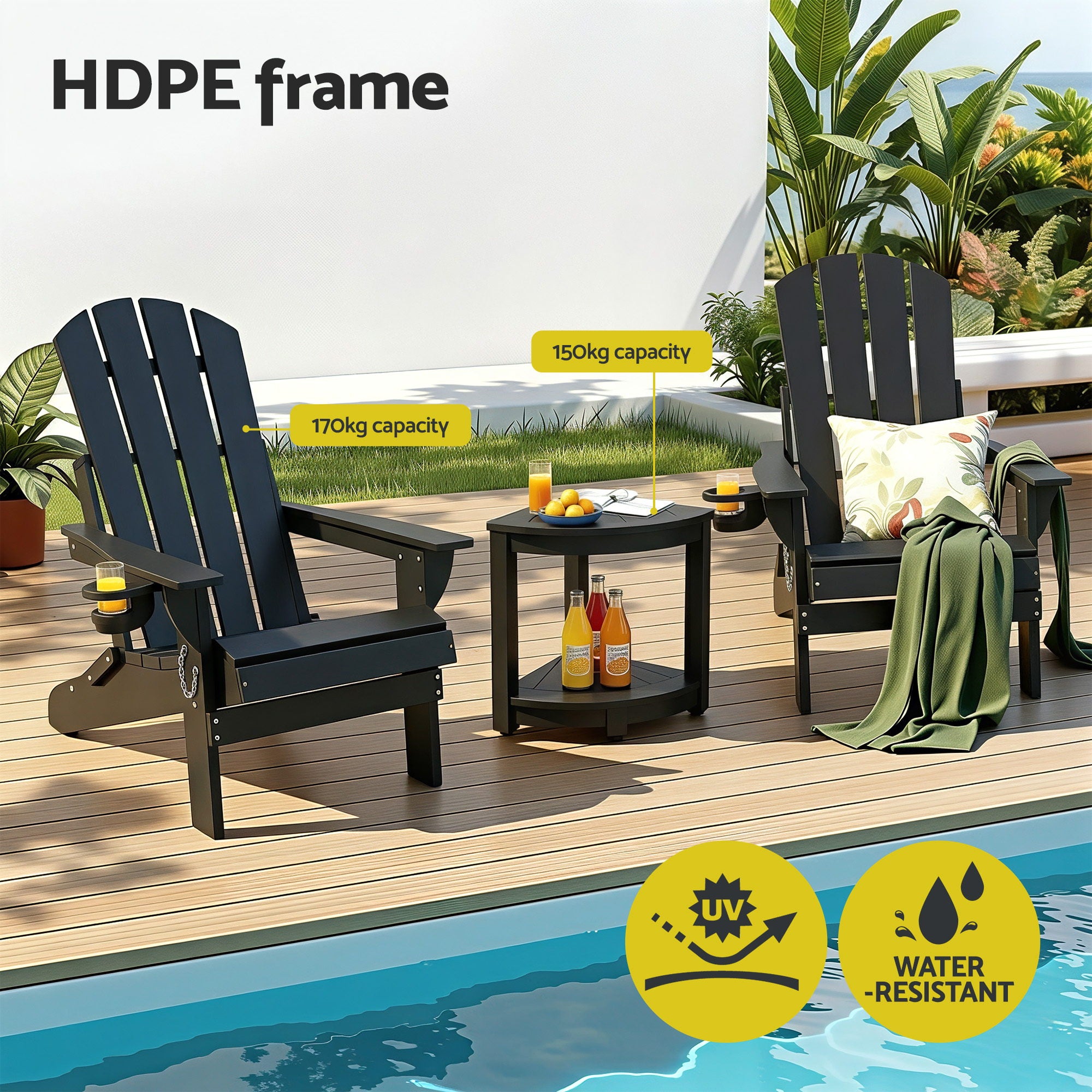 3PC Folding Adirondack Outdoor Chair & Side Table Set – Black