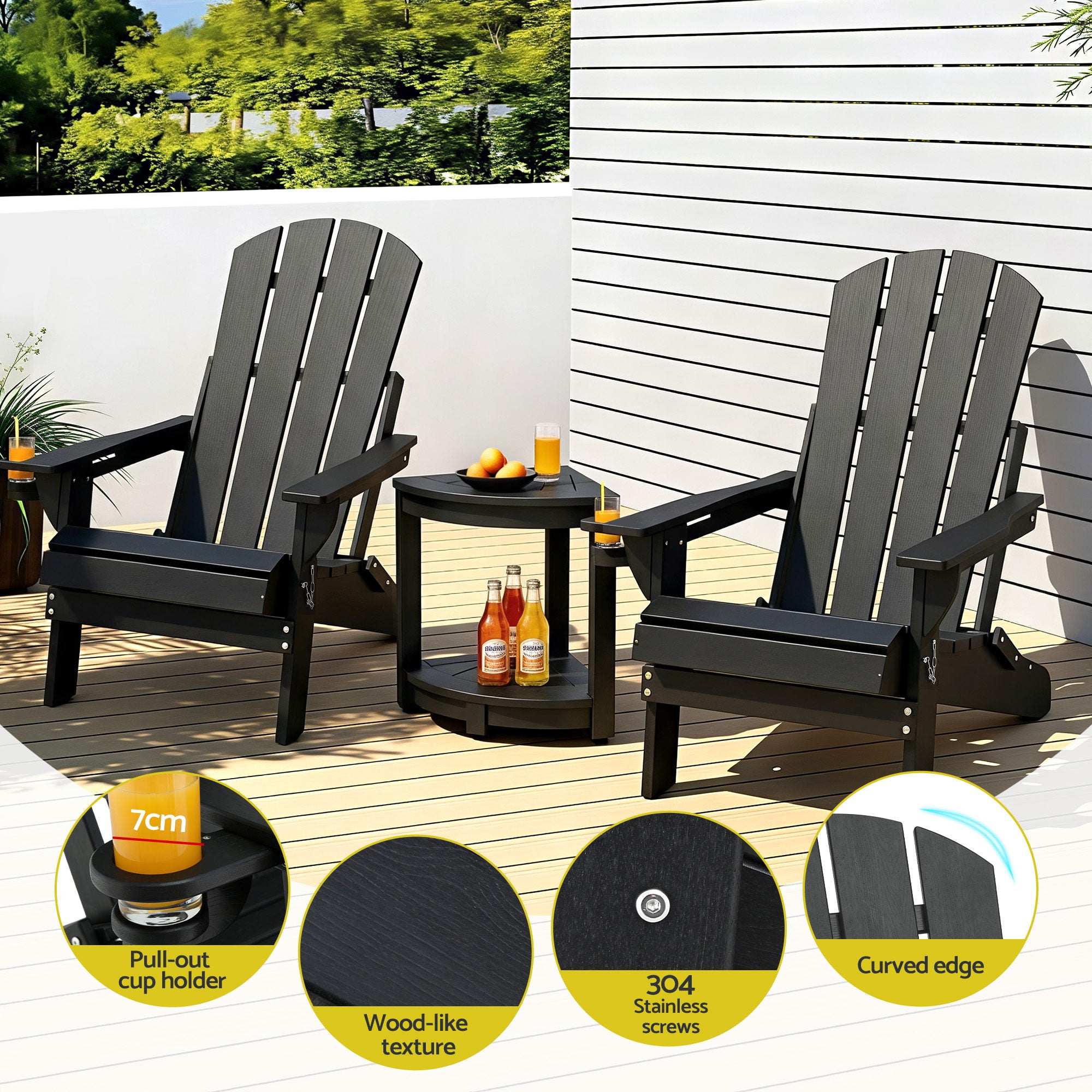 3PC Folding Adirondack Outdoor Chair & Side Table Set – Black