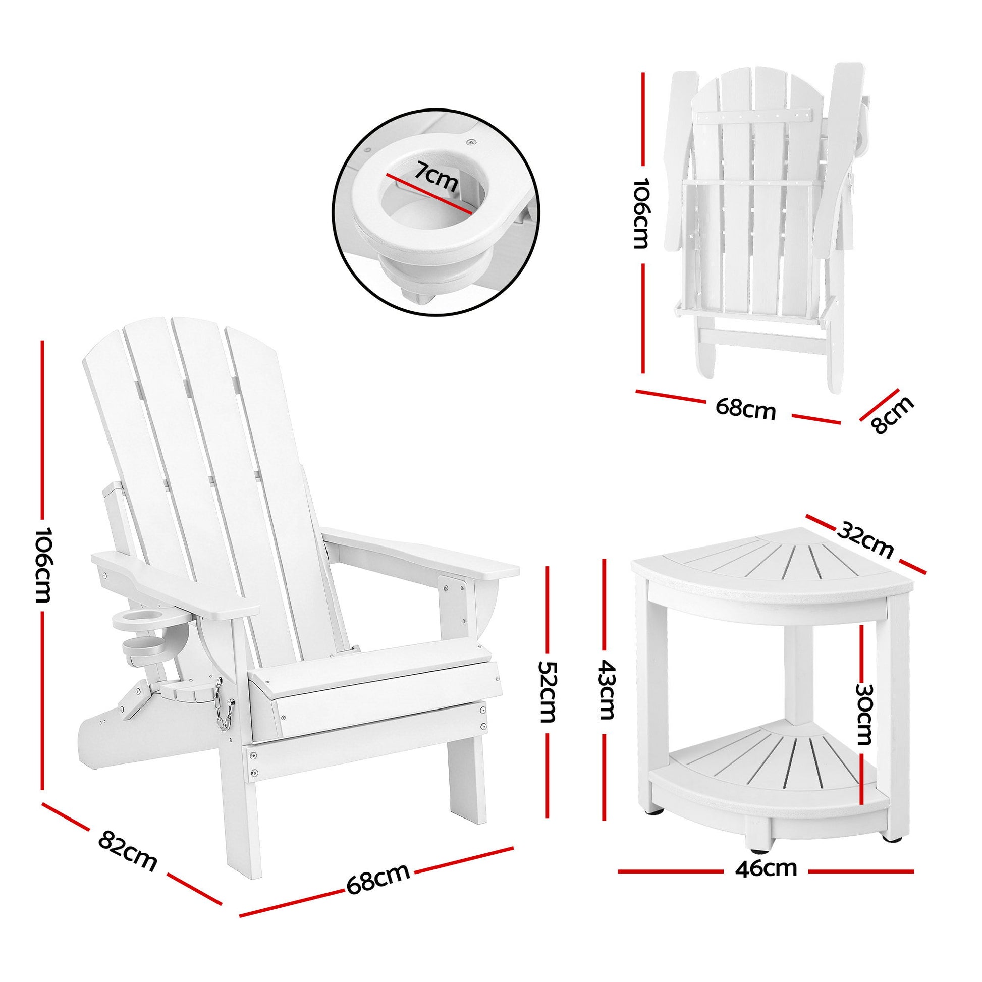 Gardeon Outdoor Table and Chairs HDPE Folding Adirondack Beach Chair Patio Furniture White - Homecoze