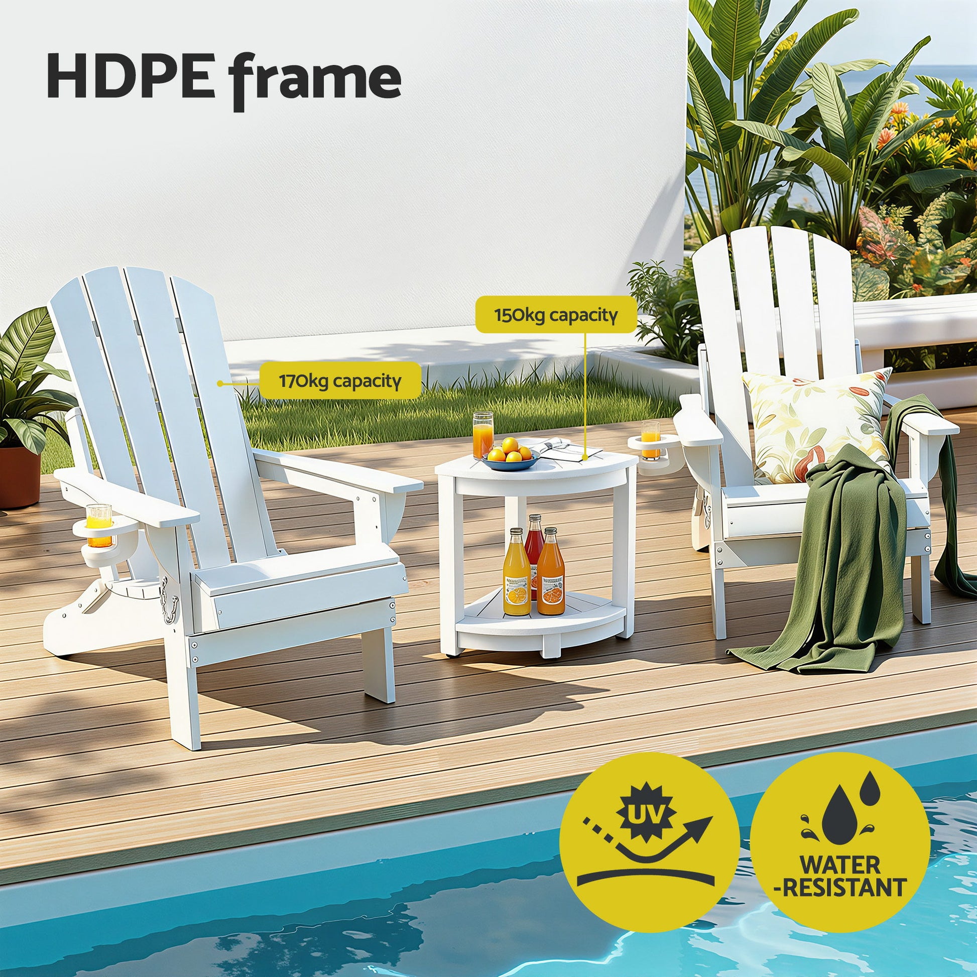 Gardeon Outdoor Table and Chairs HDPE Folding Adirondack Beach Chair Patio Furniture White - Homecoze