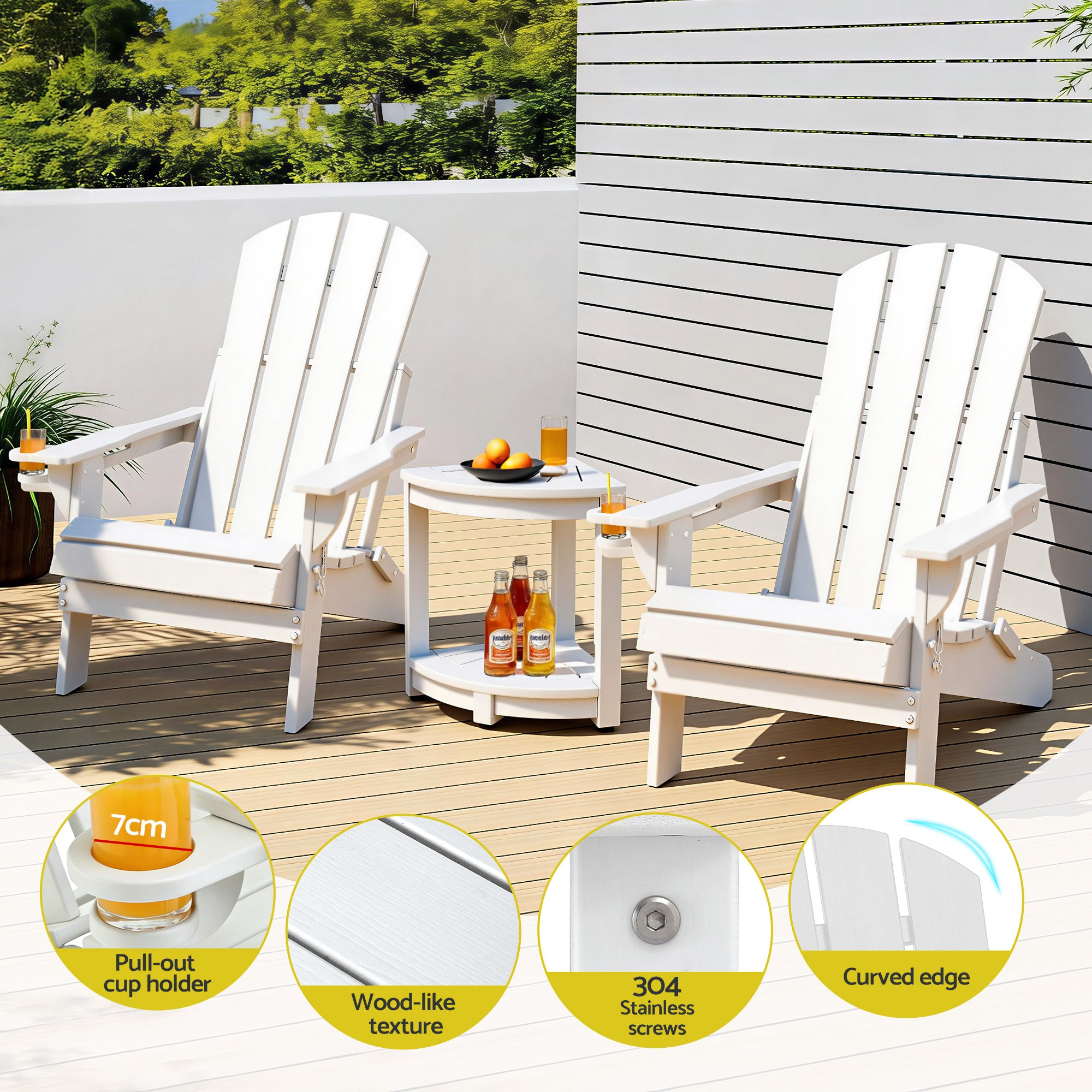 Gardeon Outdoor Table and Chairs HDPE Folding Adirondack Beach Chair Patio Furniture White - Homecoze