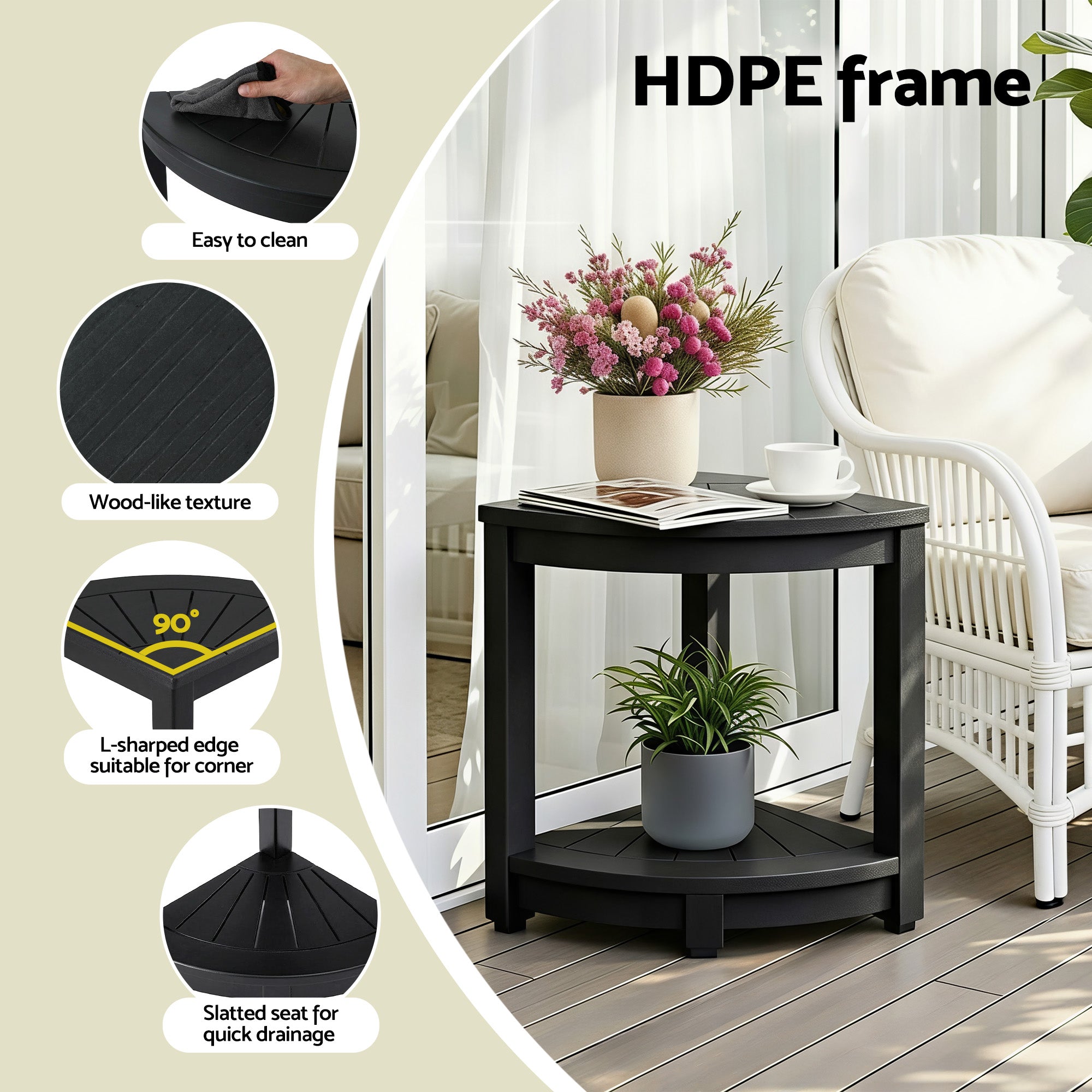 Outdoor Poly Side Table with Shelf – Black